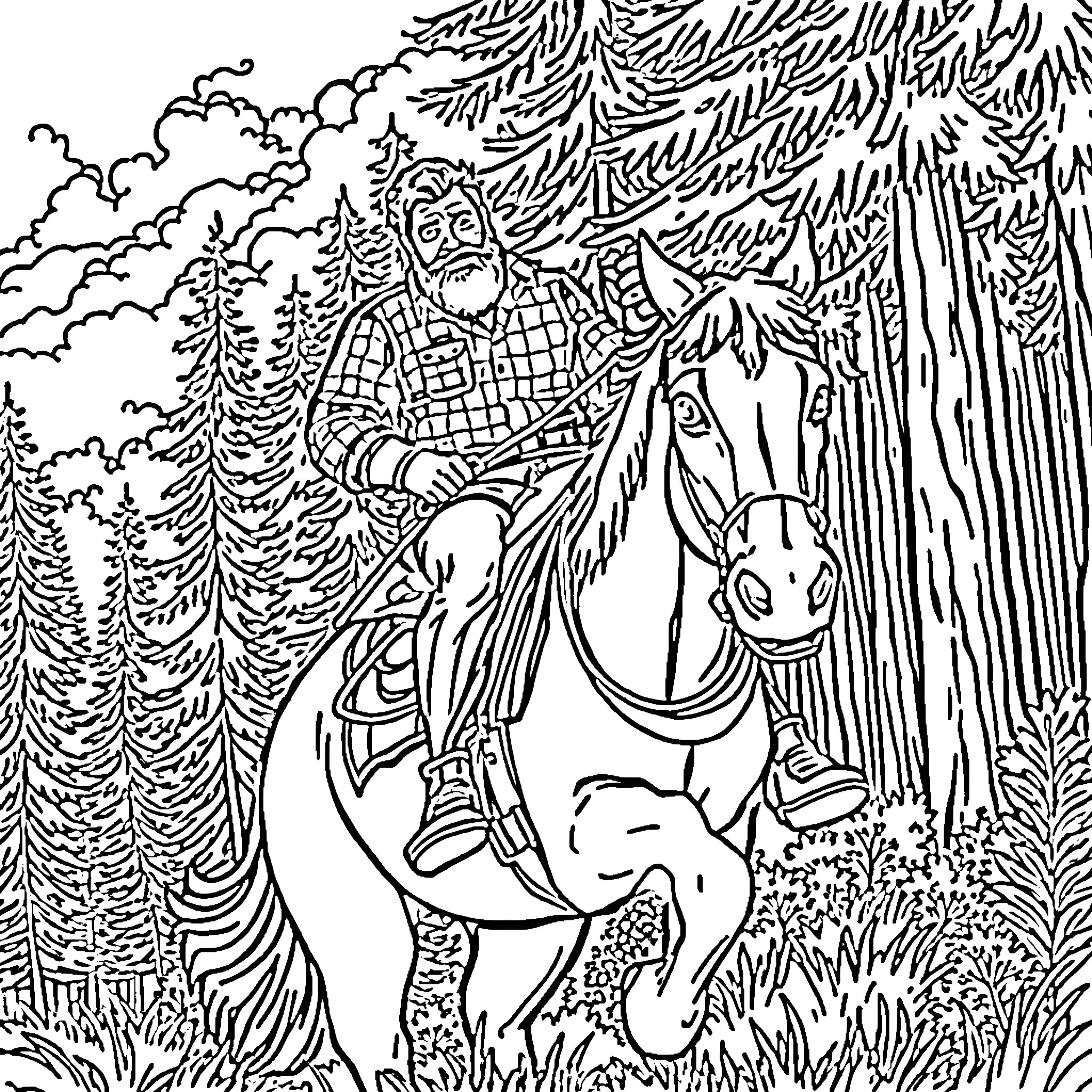 Lumberjack riding through the snowy forest Coloring Page (free black-and-white line drawing printable PDF for all, from beginners to advanced learners, including children, teens, adults, and seniors)