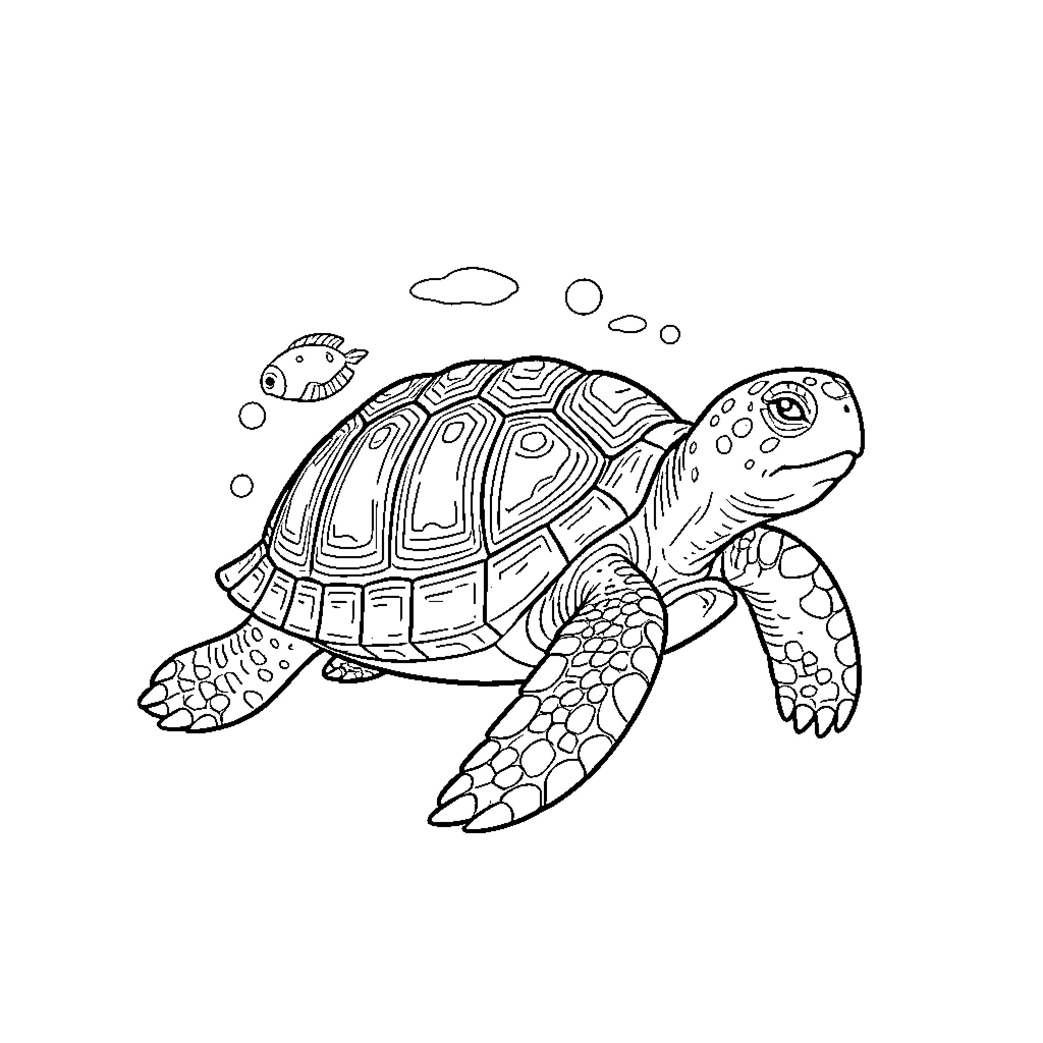 Turtle swimming playfully underwater Coloring Page (free black-and-white line drawing printable PDF for all, from beginners to advanced learners, including children, teens, adults, and seniors)