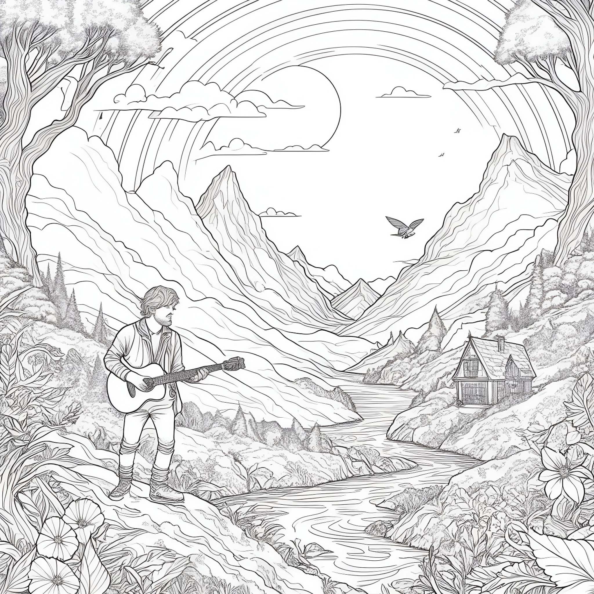 Ed Sheeran in a fantasy landscape Coloring Page (free black-and-white line drawing printable PDF for all, from beginners to advanced learners, including children, teens, adults, and seniors)