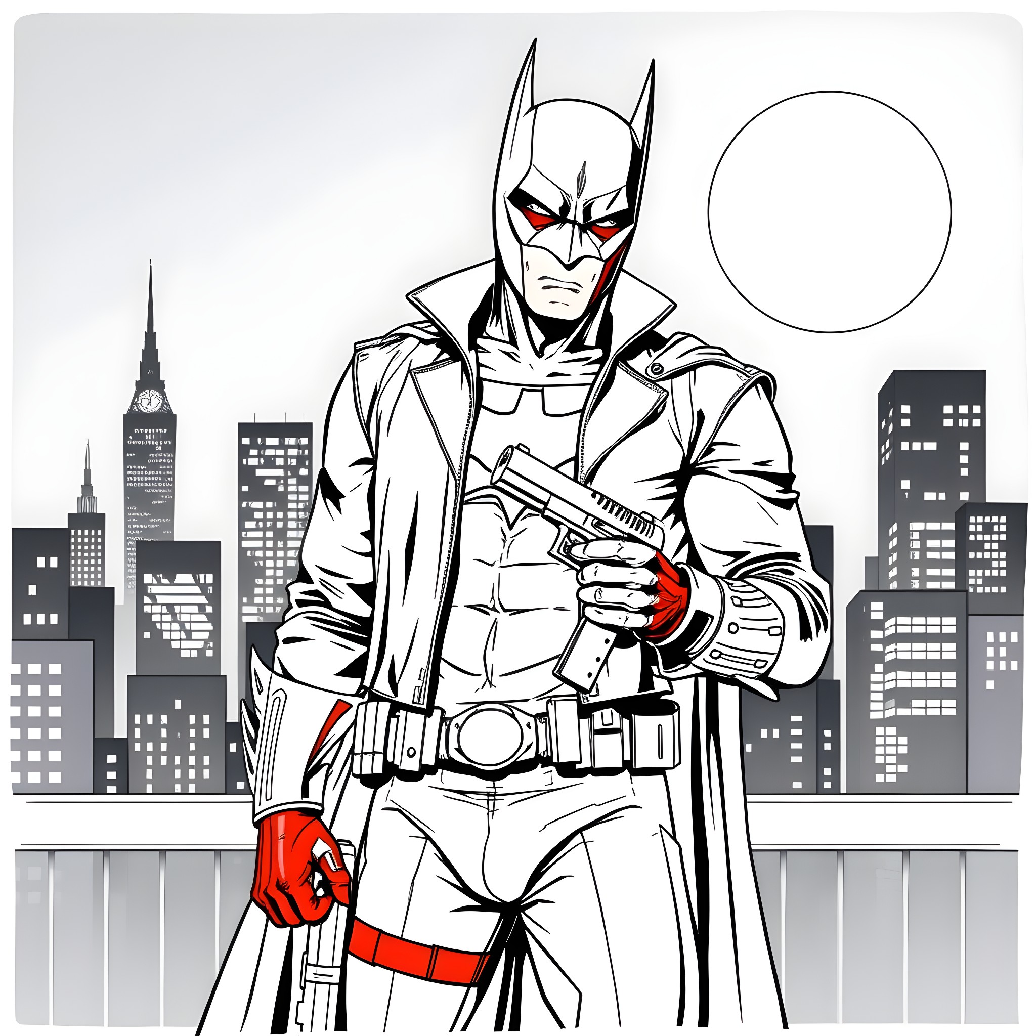 Red Hood Vigilante Overlooking the City Coloring Page (free black-and-white line drawing printable PDF for all, from beginners to advanced learners, including children, teens, adults, and seniors)