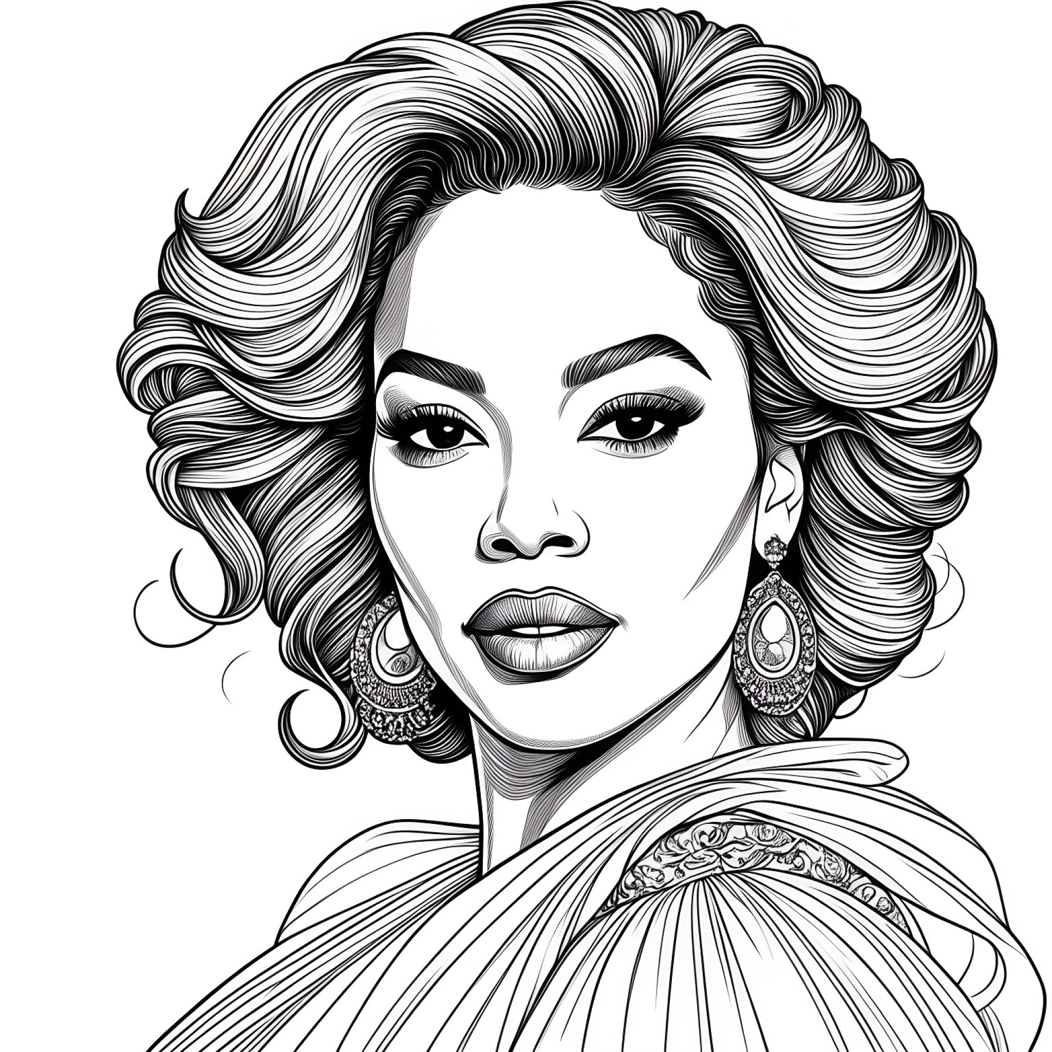 Beyoncé exuding elegance and grace Coloring Page (free black-and-white line drawing printable PDF for all, from beginners to advanced learners, including children, teens, adults, and seniors)