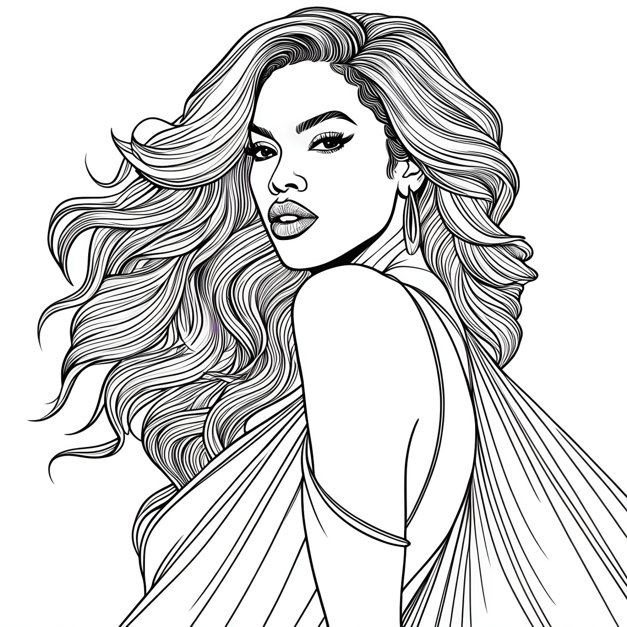 Beyoncé in a dramatic fashion pose Coloring Page (free black-and-white line drawing printable PDF for all, from beginners to advanced learners, including children, teens, adults, and seniors)