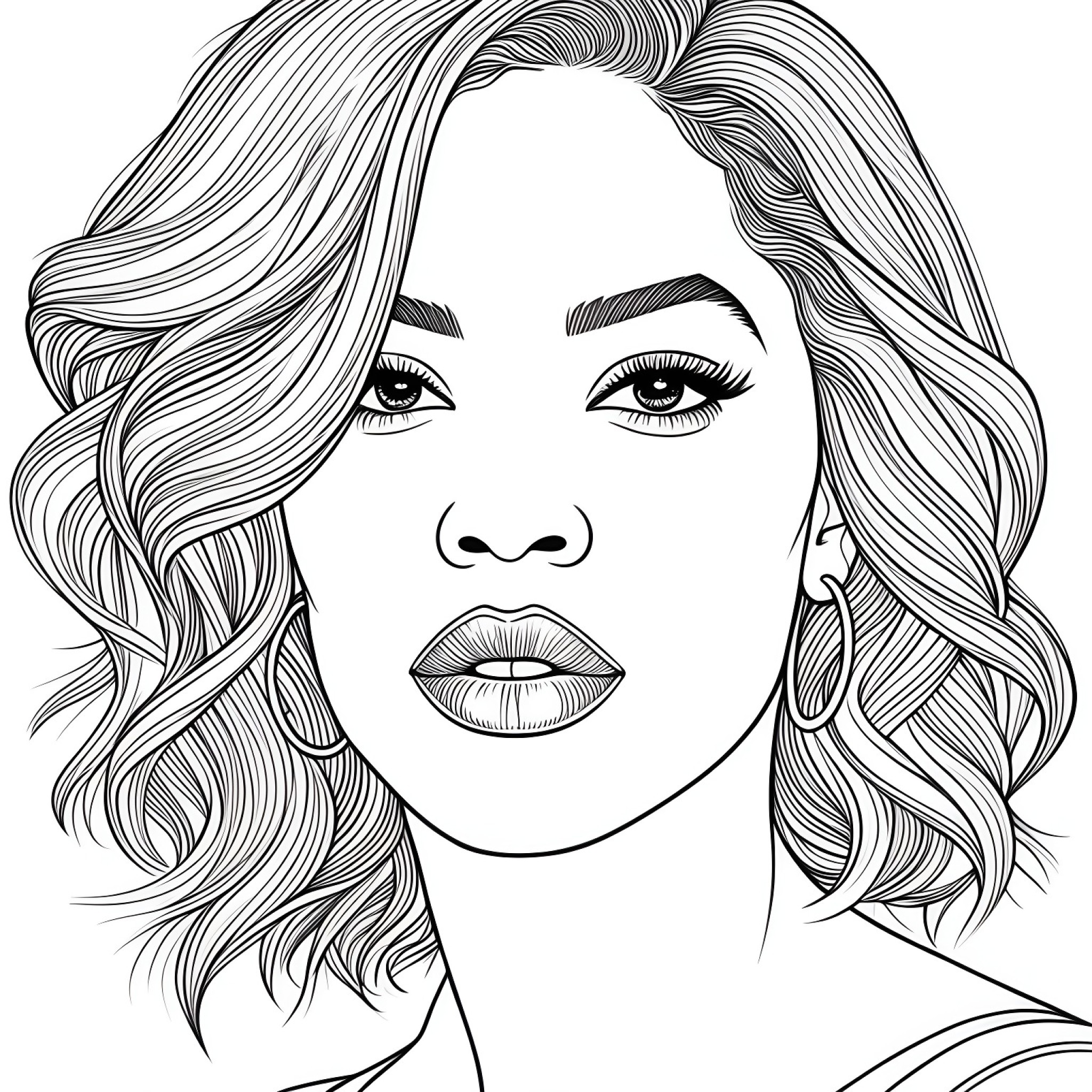 Beyoncé portrait Coloring Page (free black-and-white line drawing printable PDF for all, from beginners to advanced learners, including children, teens, adults, and seniors)