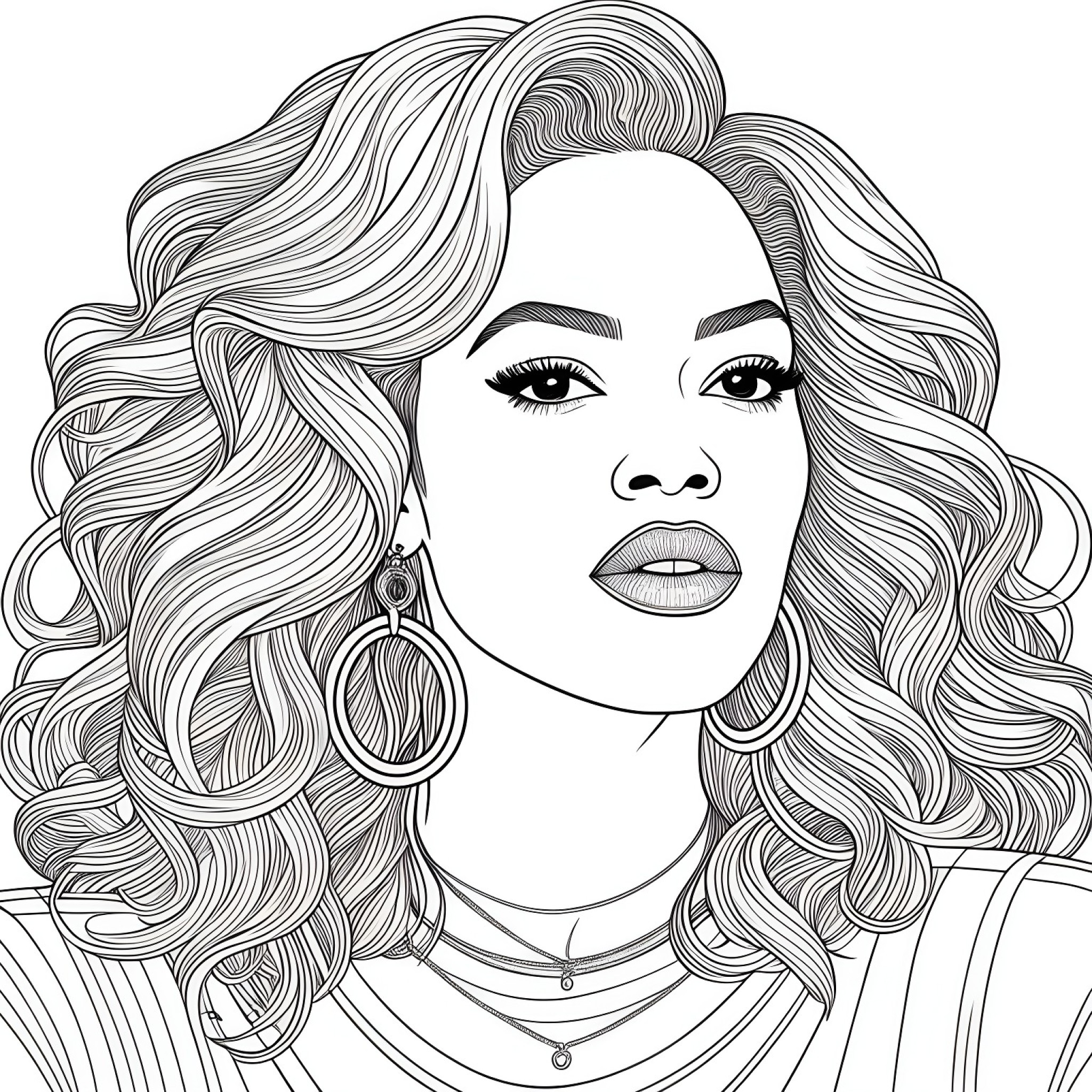 Beyoncé with a hint of nostalgia Coloring Page (free black-and-white line drawing printable PDF for all, from beginners to advanced learners, including children, teens, adults, and seniors)
