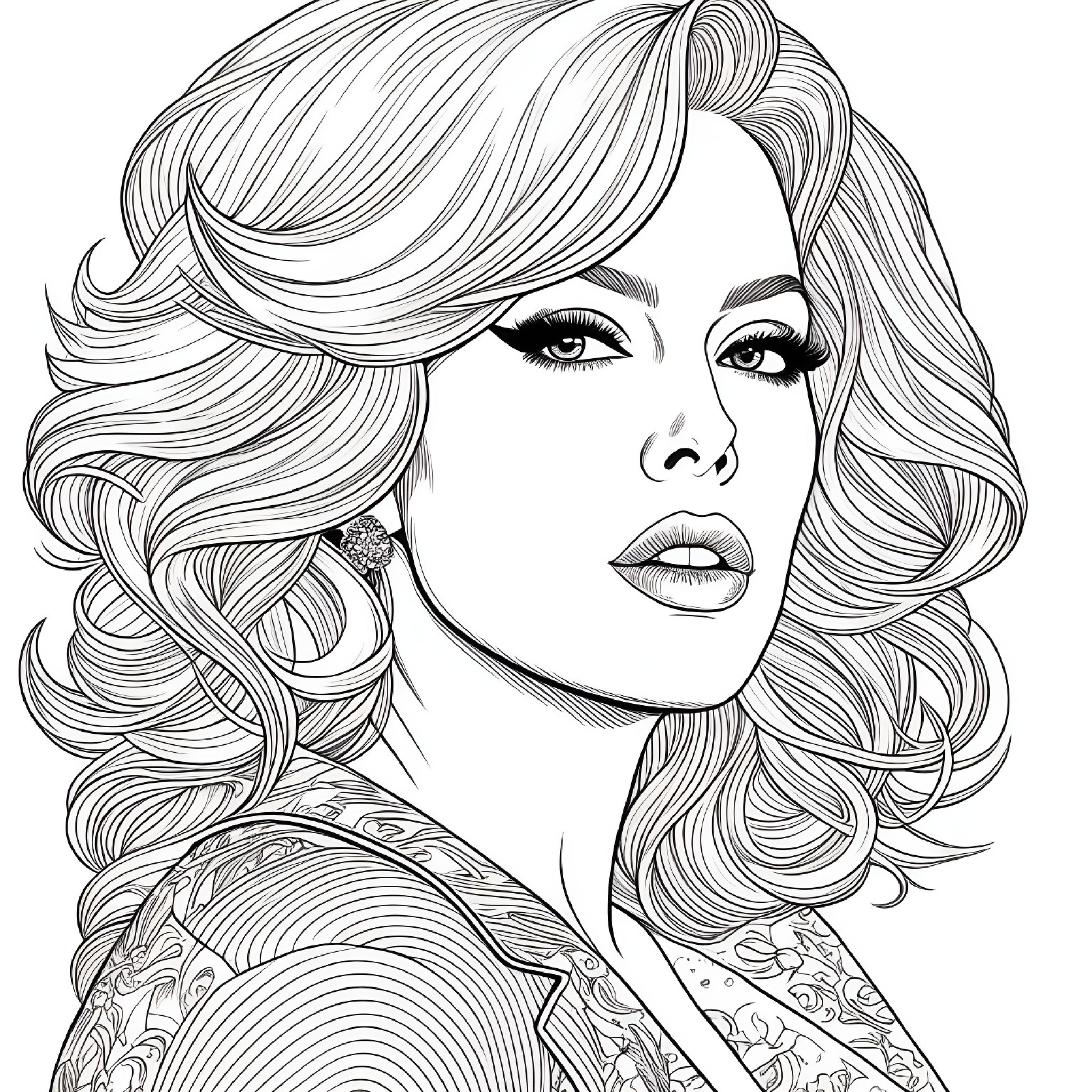 Lady Gaga in a retro look Coloring Page (free black-and-white line drawing printable PDF for all, from beginners to advanced learners, including children, teens, adults, and seniors)