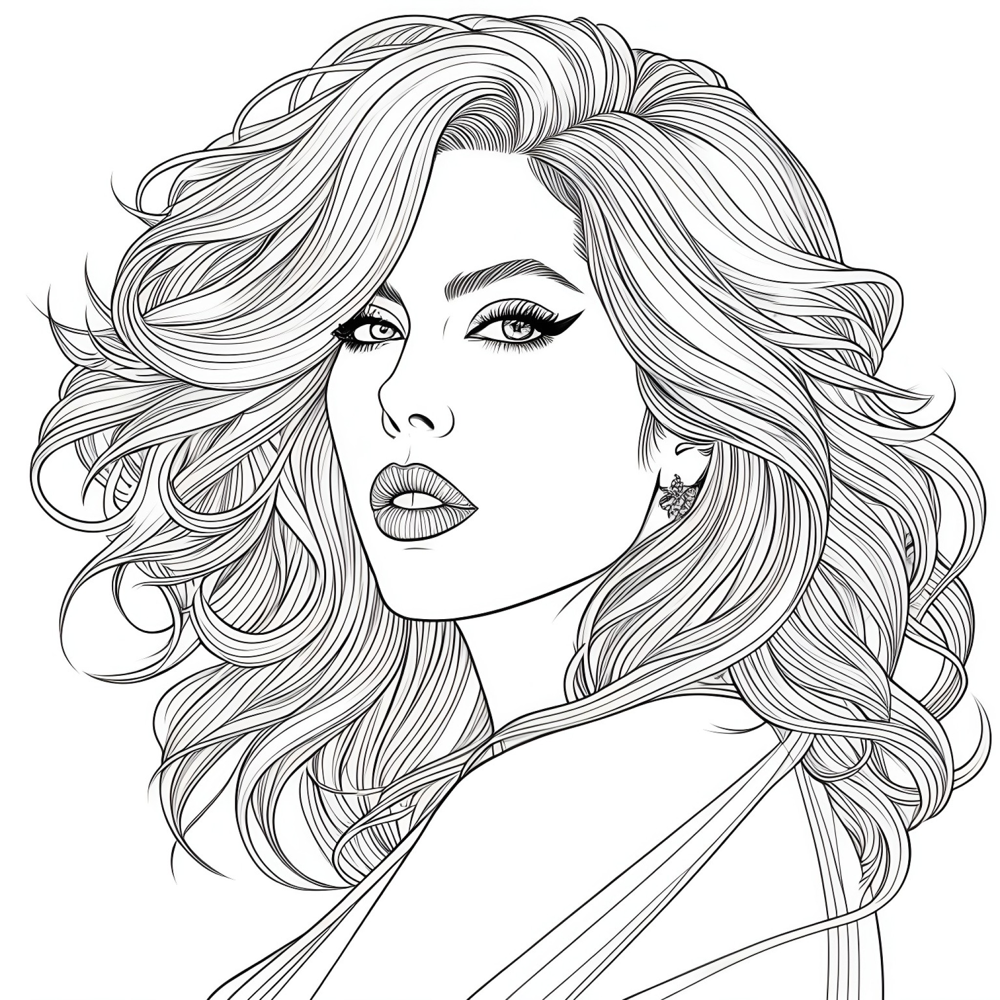 Lady Gaga with a dramatic hairstyle Coloring Page (free black-and-white line drawing printable PDF for all, from beginners to advanced learners, including children, teens, adults, and seniors)