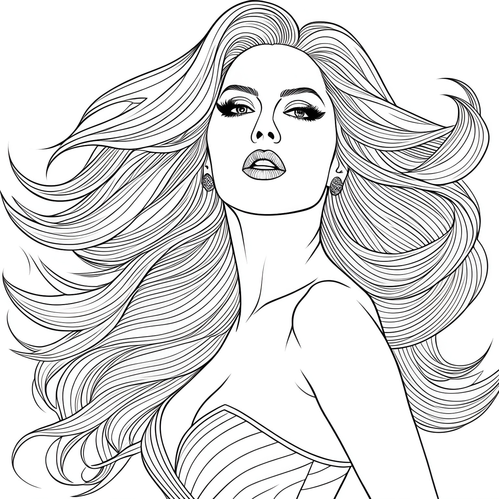 Lady Gaga in a dynamic movement Coloring Page (free black-and-white line drawing printable PDF for all, from beginners to advanced learners, including children, teens, adults, and seniors)