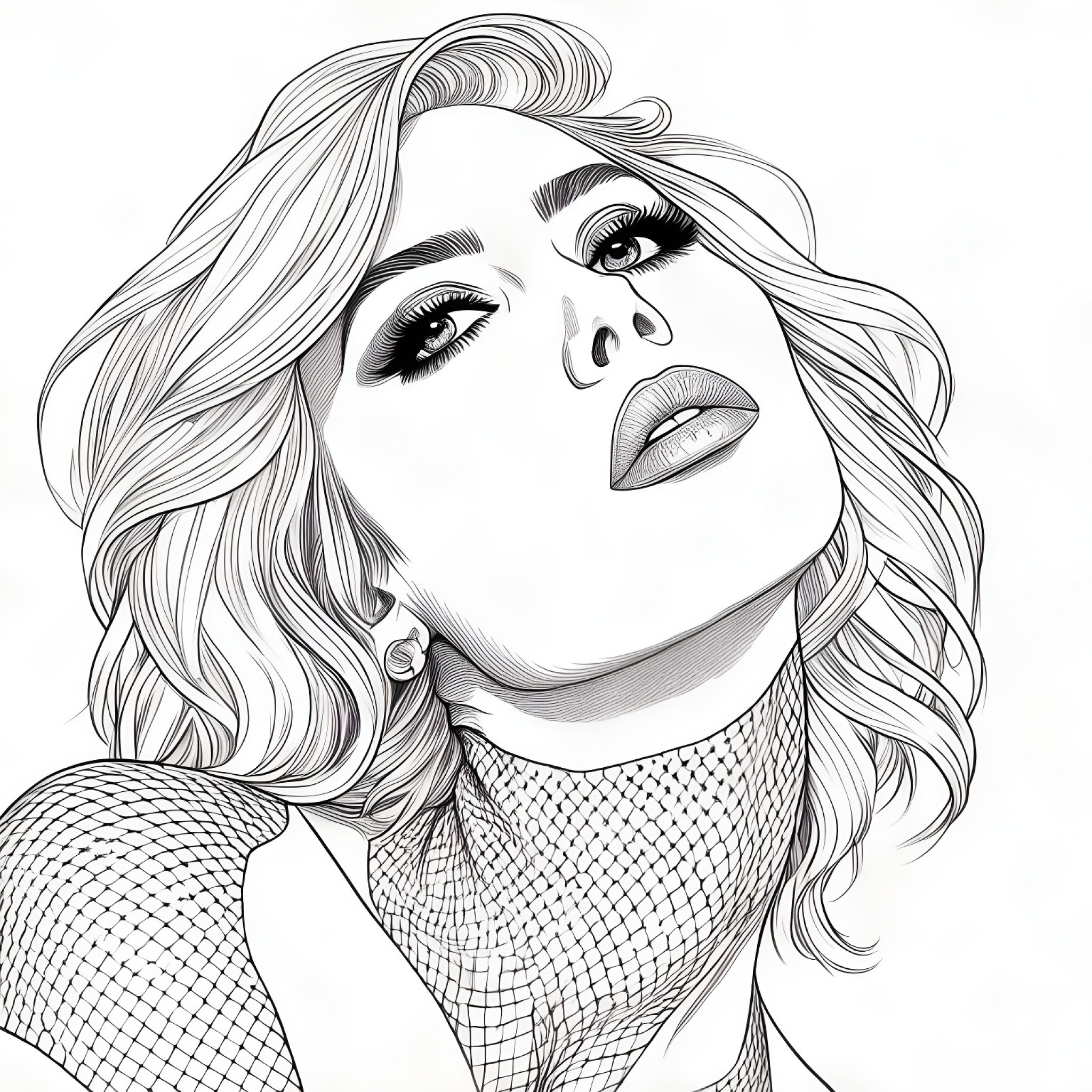 Lady Gaga in a thought-provoking pose Coloring Page (free black-and-white line drawing printable PDF for all, from beginners to advanced learners, including children, teens, adults, and seniors)