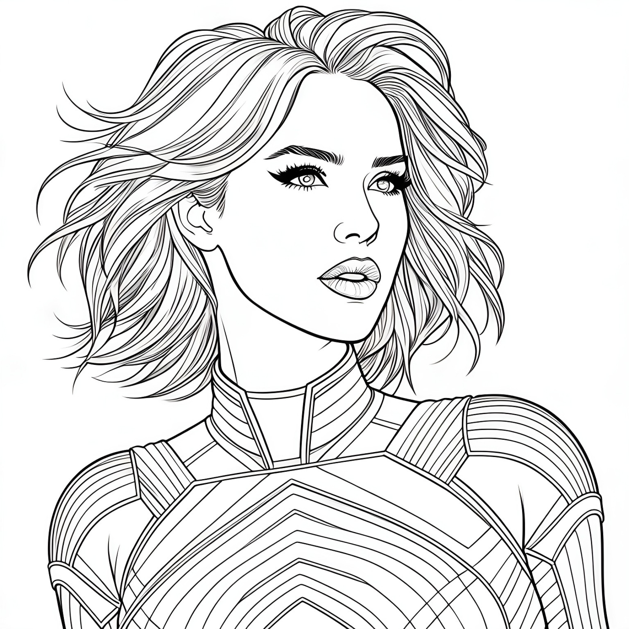 Miley Cyrus in a superhero costume Coloring Page (free black-and-white line drawing printable PDF for all, from beginners to advanced learners, including children, teens, adults, and seniors)