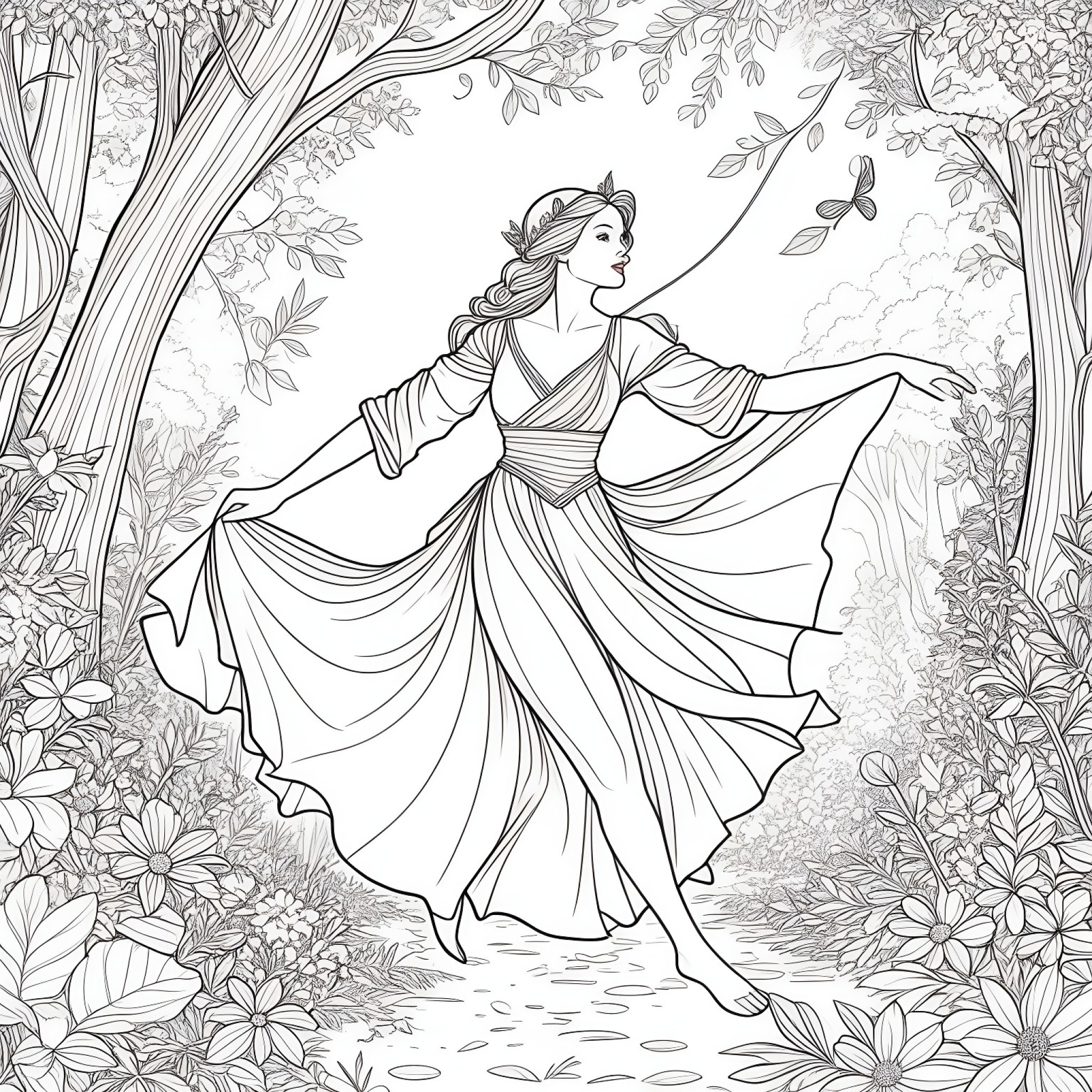 Fairy dancing in the forest Coloring Page (free black-and-white line drawing printable PDF for all, from beginners to advanced learners, including children, teens, adults, and seniors)
