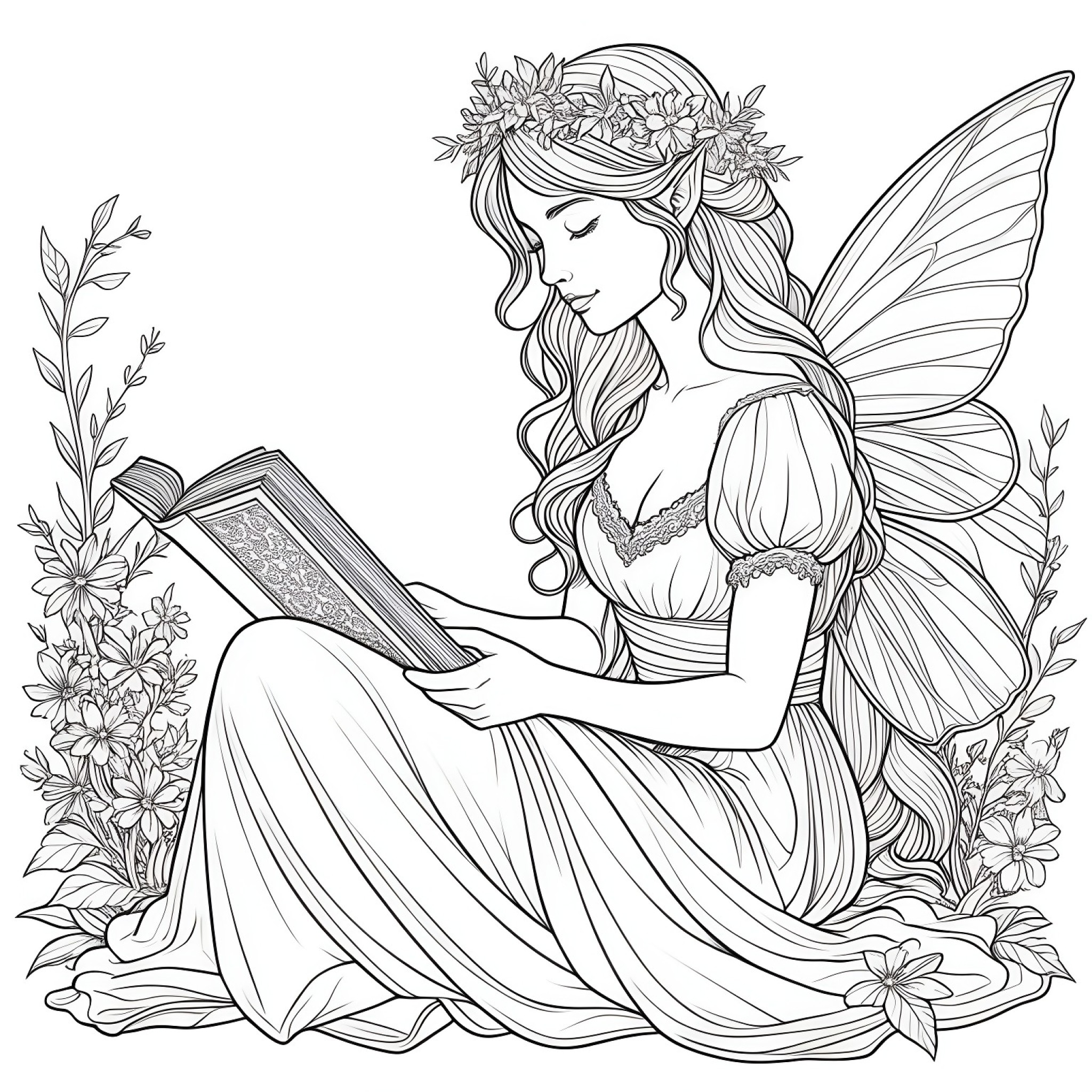 Fairy reading a magical book Coloring Page (free black-and-white line drawing printable PDF for all, from beginners to advanced learners, including children, teens, adults, and seniors)