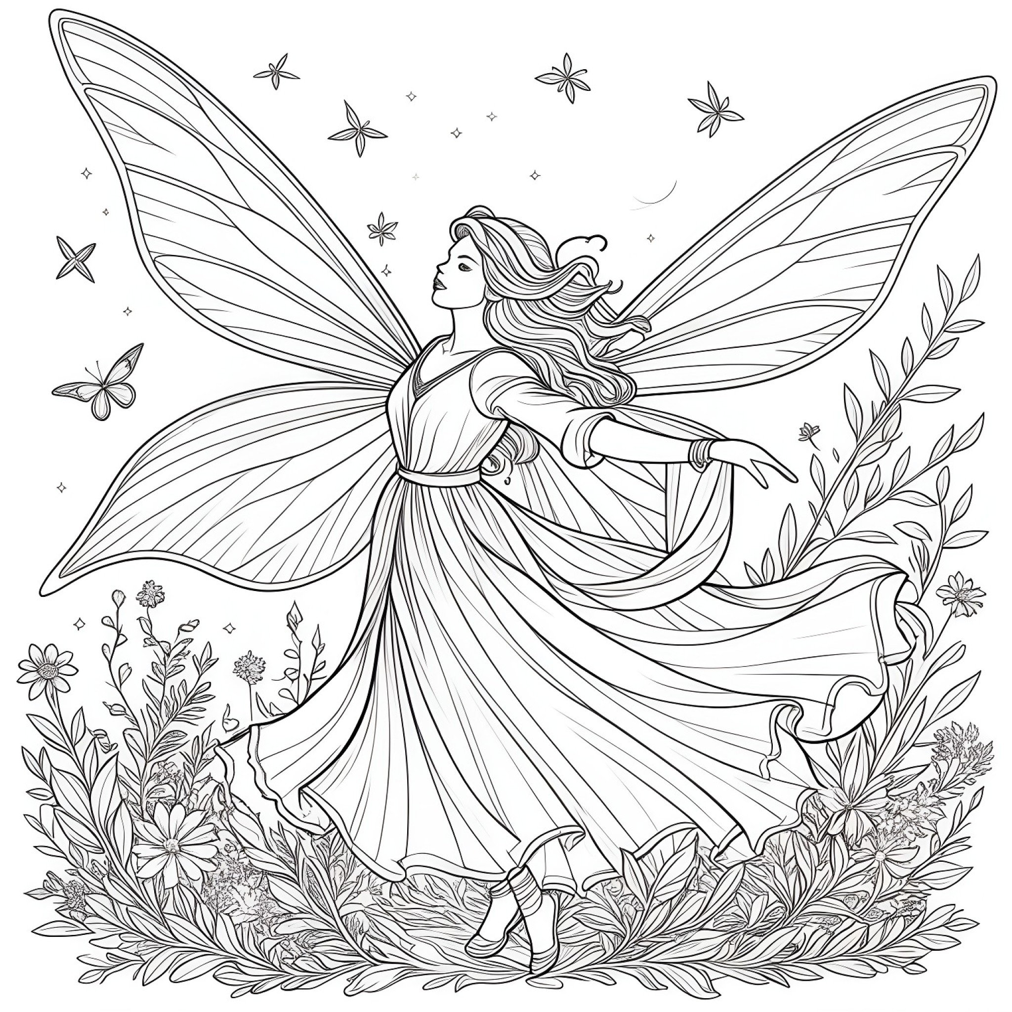 Fairy casting a spell Coloring Page (free black-and-white line drawing printable PDF for all, from beginners to advanced learners, including children, teens, adults, and seniors)