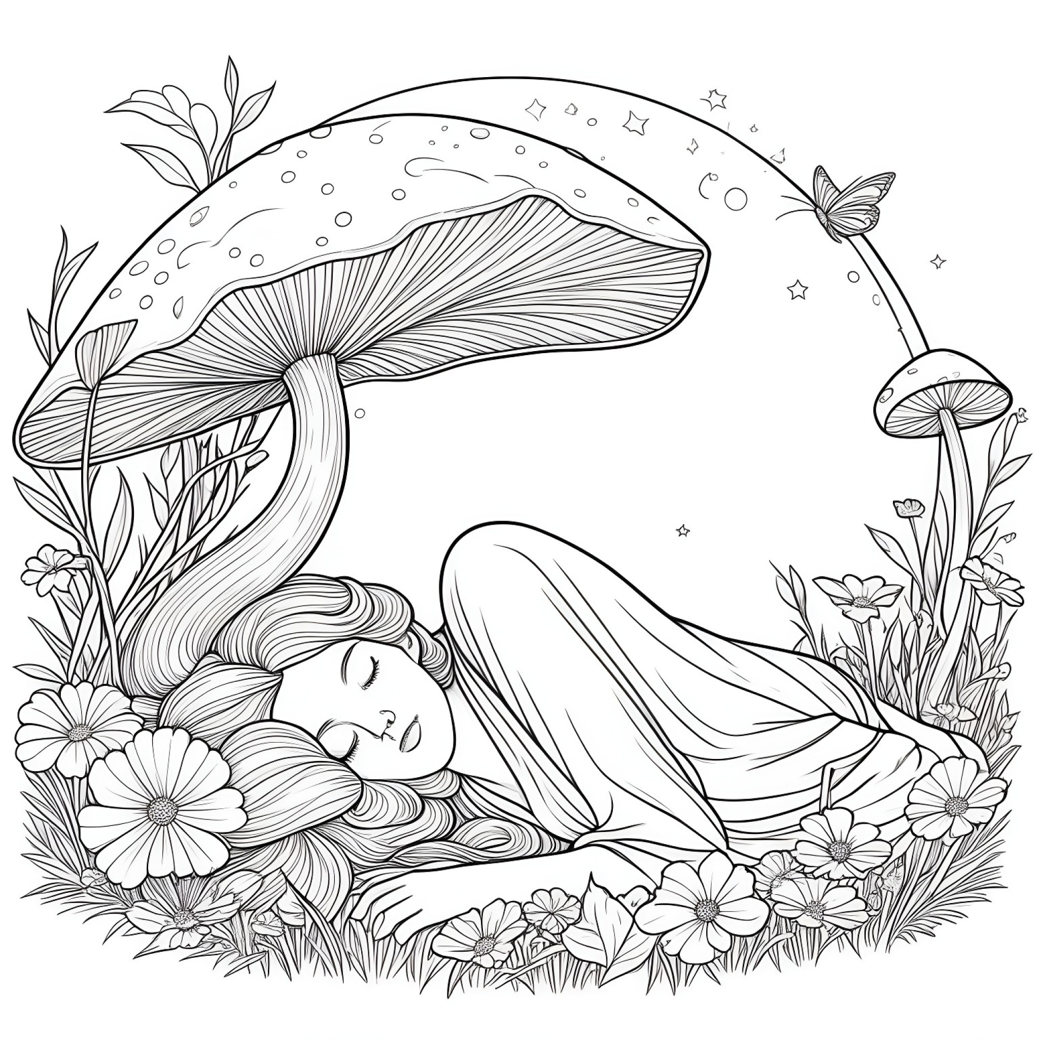 Fairy sleeping under a mushroom Coloring Page (free black-and-white line drawing printable PDF for all, from beginners to advanced learners, including children, teens, adults, and seniors)