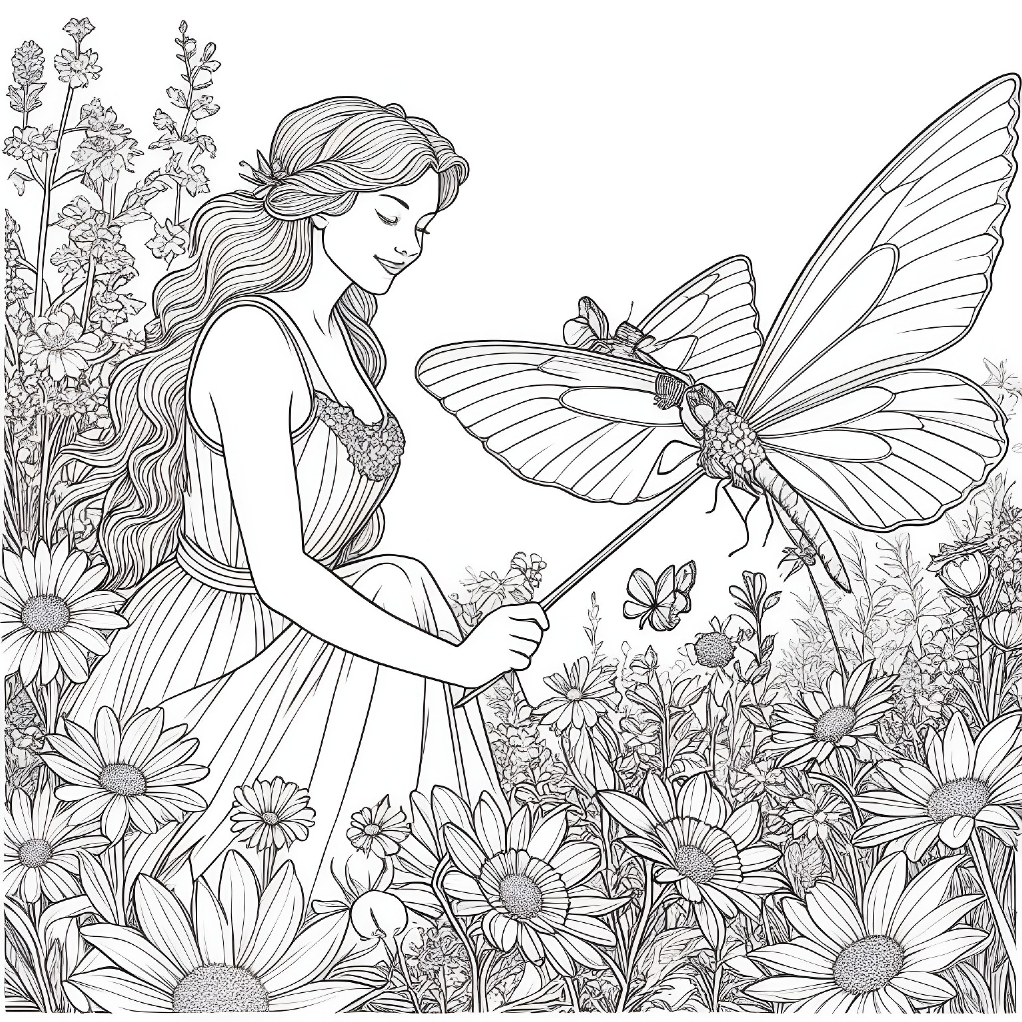 Fairy tending to a flower garden Coloring Page (free black-and-white line drawing printable PDF for all, from beginners to advanced learners, including children, teens, adults, and seniors)