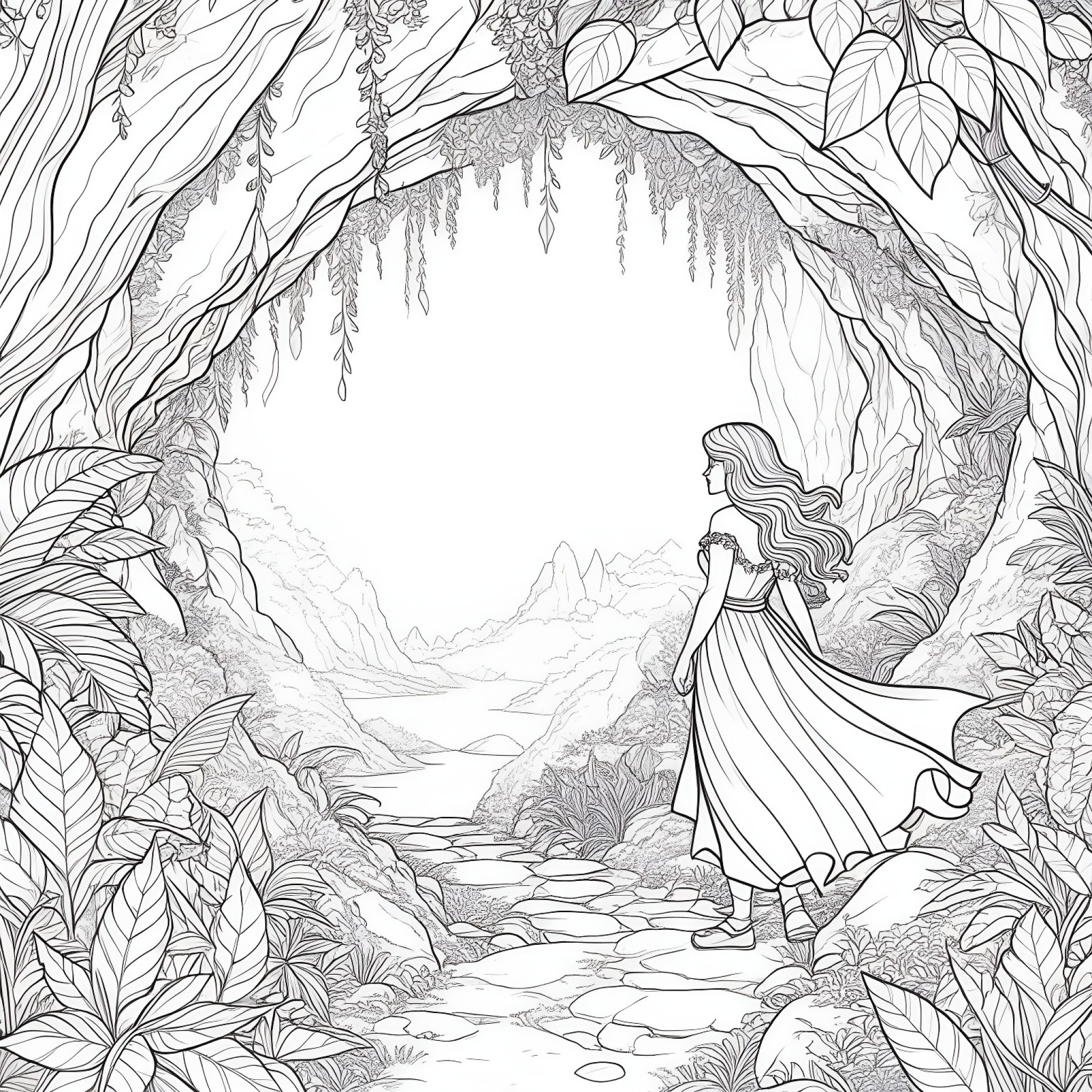 Fairy exploring a hidden cave Coloring Page (free black-and-white line drawing printable PDF for all, from beginners to advanced learners, including children, teens, adults, and seniors)
