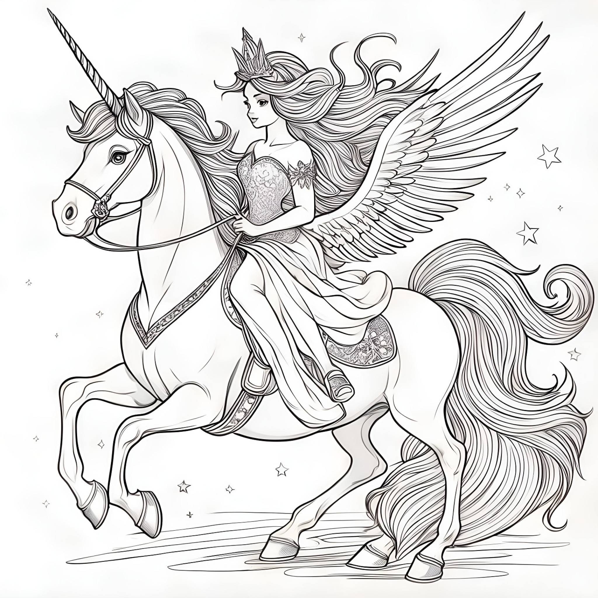 Fairy riding a sparkling unicorn Coloring Page (free black-and-white line drawing printable PDF for all, from beginners to advanced learners, including children, teens, adults, and seniors)