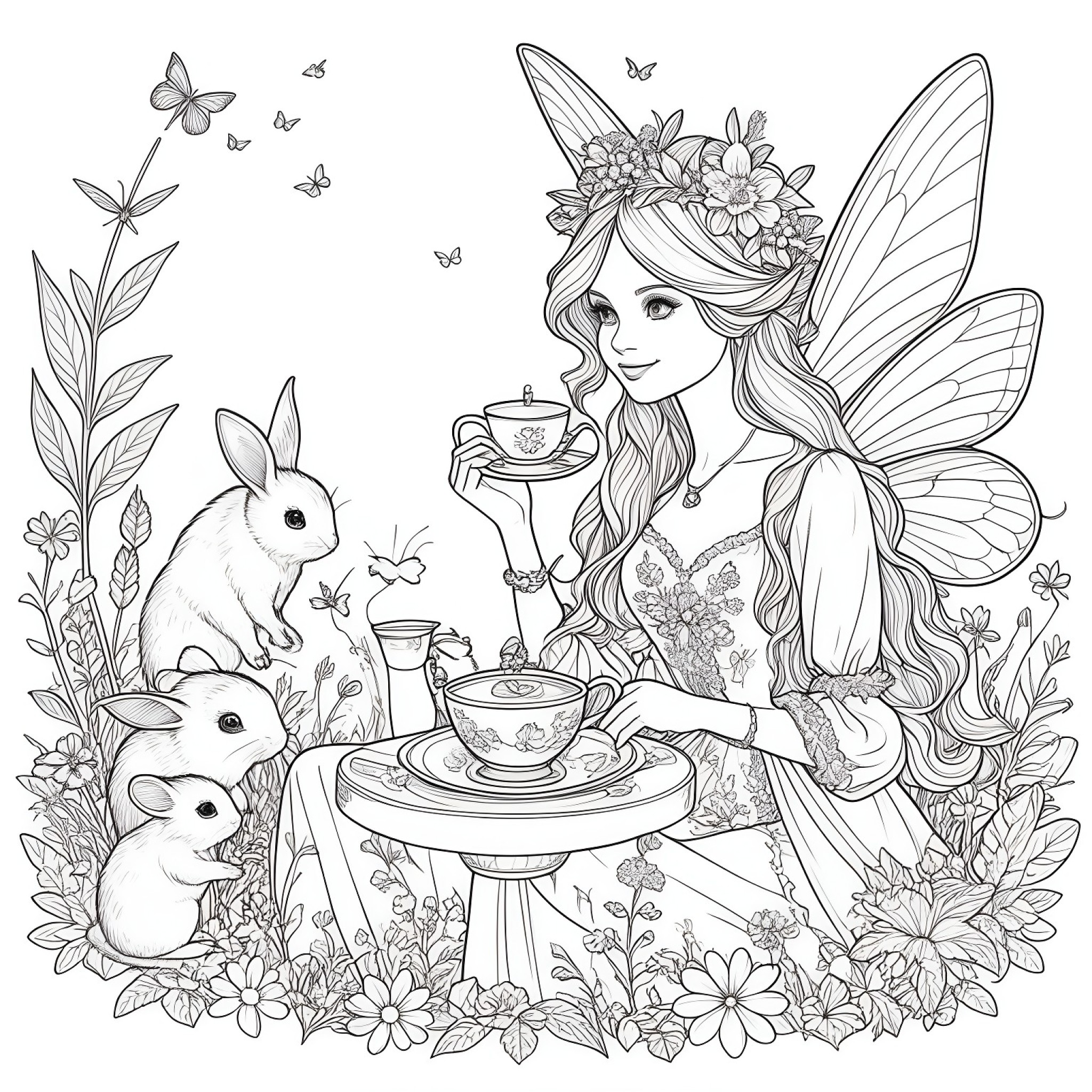 Fairy having a tea party with tiny animals Coloring Page (free black-and-white line drawing printable PDF for all, from beginners to advanced learners, including children, teens, adults, and seniors)