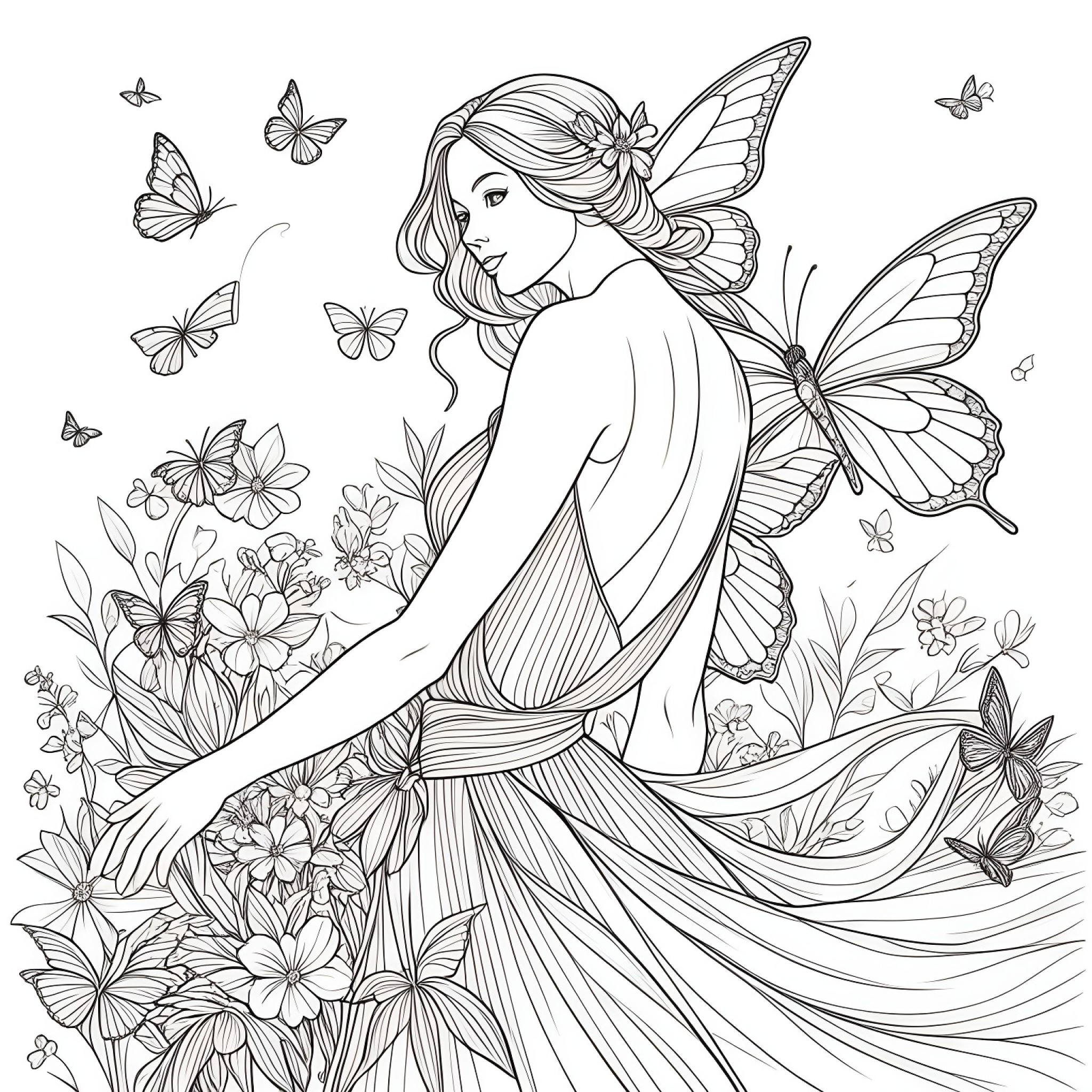 Fairy painting colorful butterflies Coloring Page (free black-and-white line drawing printable PDF for all, from beginners to advanced learners, including children, teens, adults, and seniors)