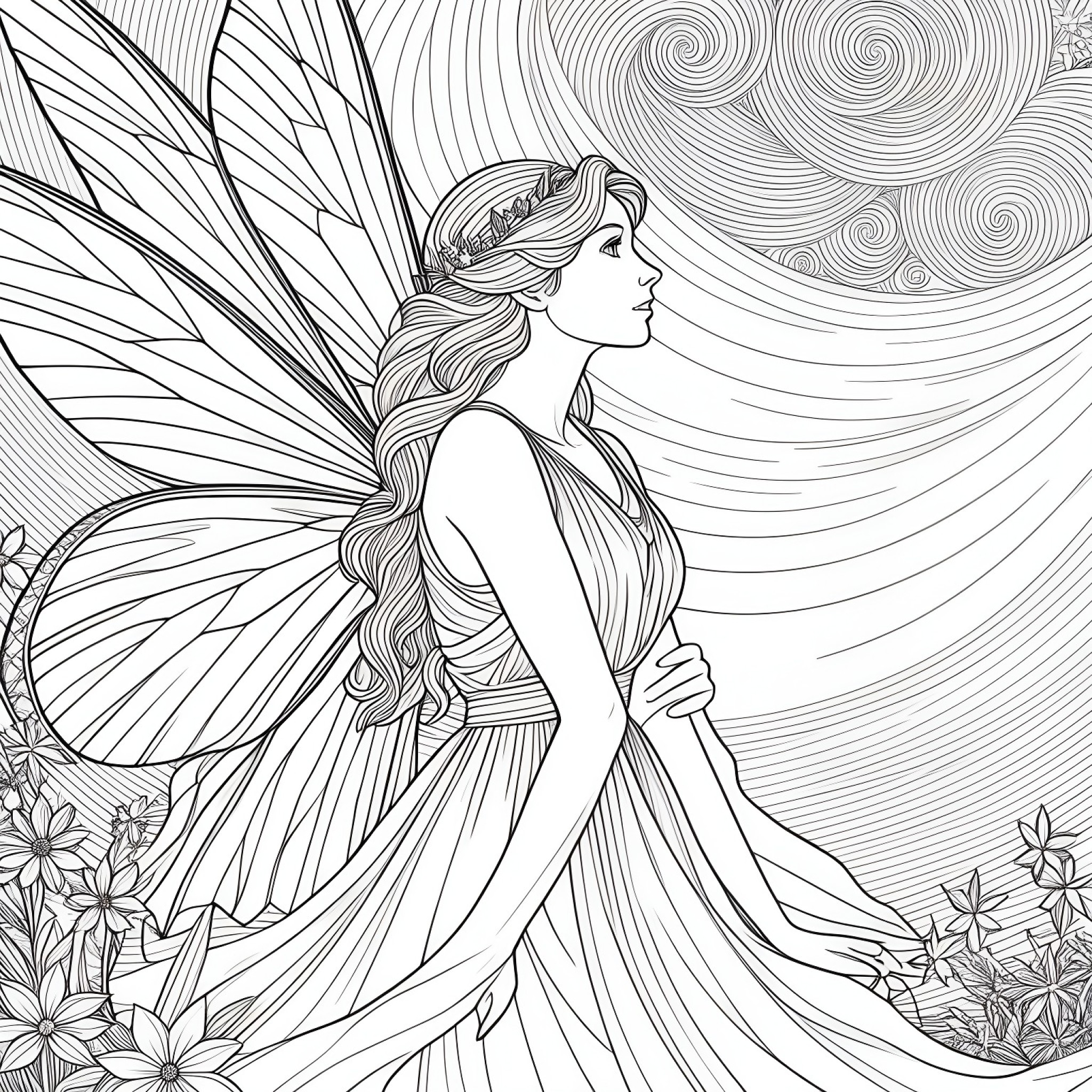 Fairy gazing at a starry sky Coloring Page (free black-and-white line drawing printable PDF for all, from beginners to advanced learners, including children, teens, adults, and seniors)