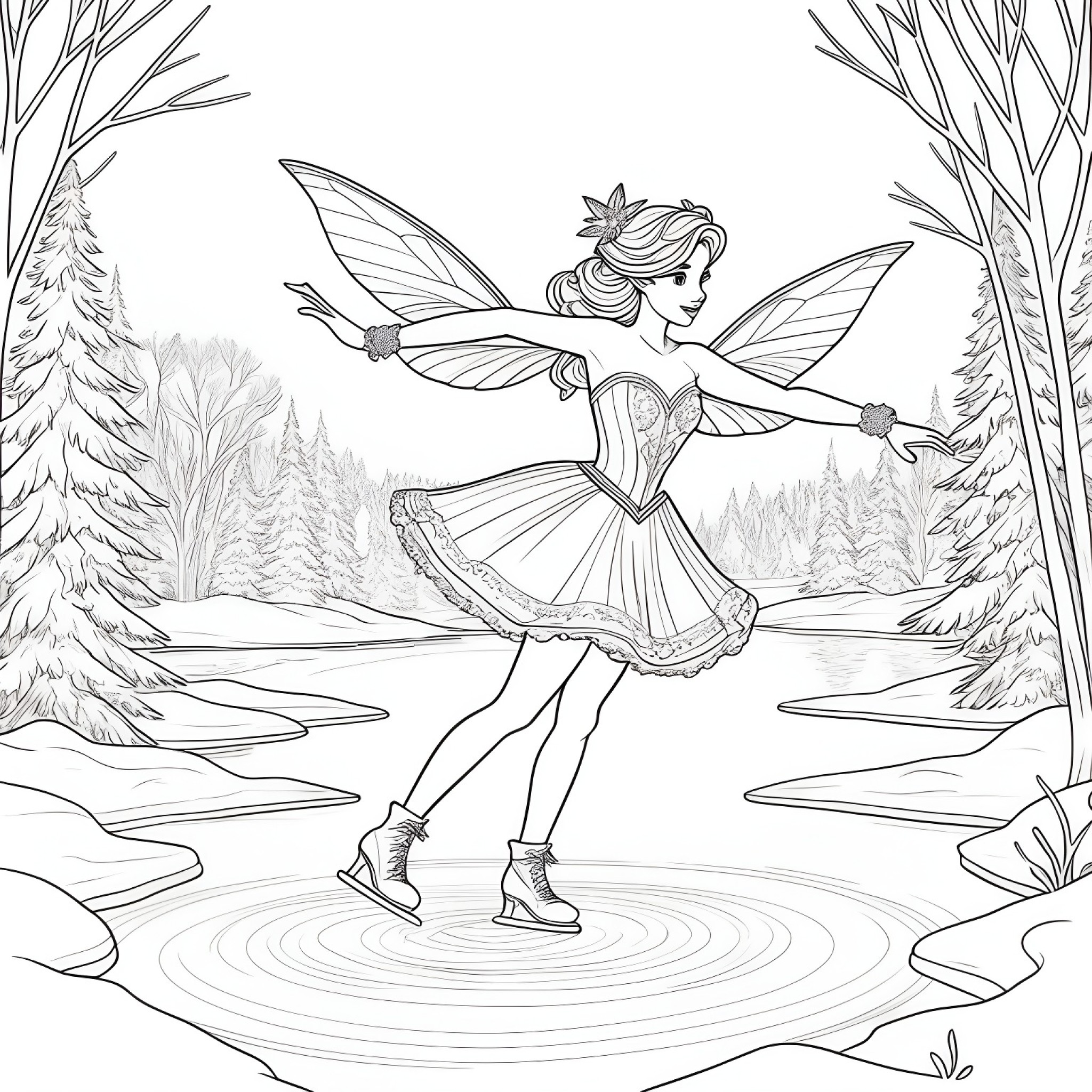 Fairy ice skating on a frozen pond Coloring Page (free black-and-white line drawing printable PDF for all, from beginners to advanced learners, including children, teens, adults, and seniors)