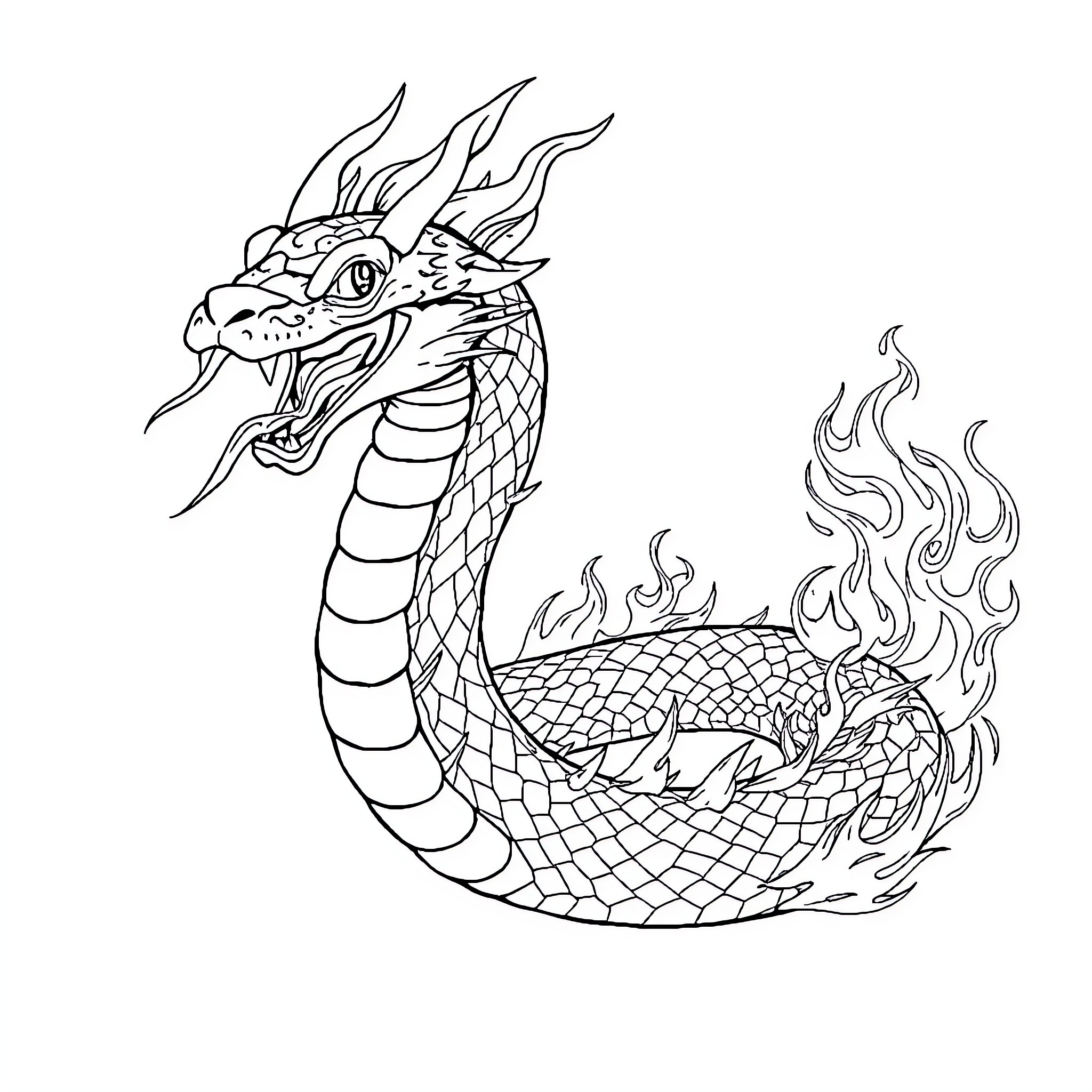 Snake breathing fire in fierce stance Coloring Page (free black-and-white line drawing printable PDF for all, from beginners to advanced learners, including children, teens, adults, and seniors)
