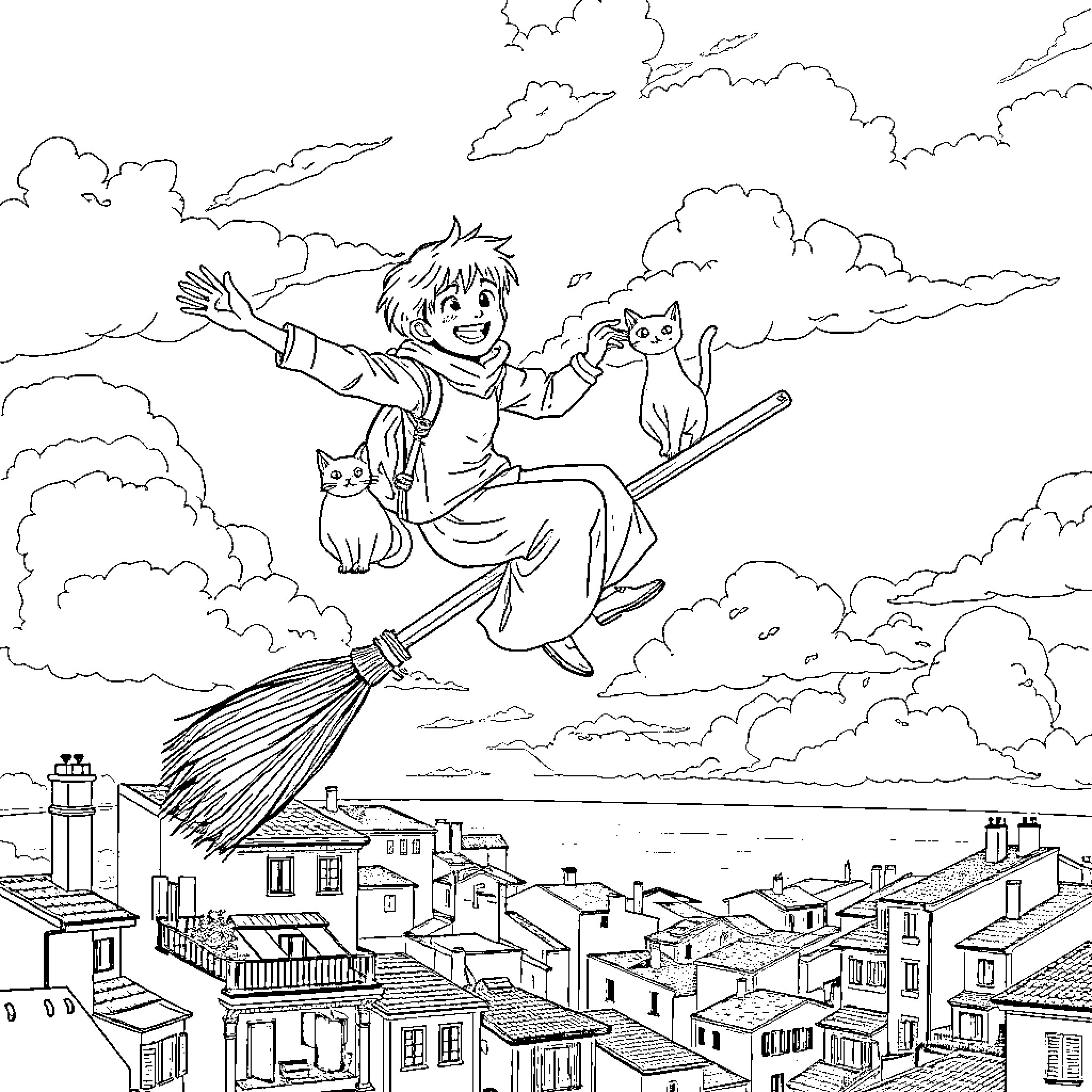 Broomstick flight over the city with cats Coloring Page (free black-and-white line drawing printable PDF for all, from beginners to advanced learners, including children, teens, adults, and seniors)