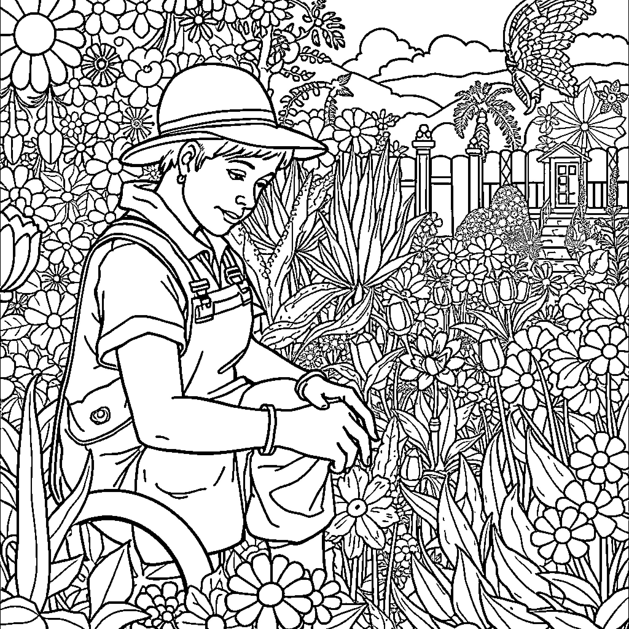 Jardinier tending to vibrant floral garden Coloring Page (free black-and-white line drawing printable PDF for all, from beginners to advanced learners, including children, teens, adults, and seniors)