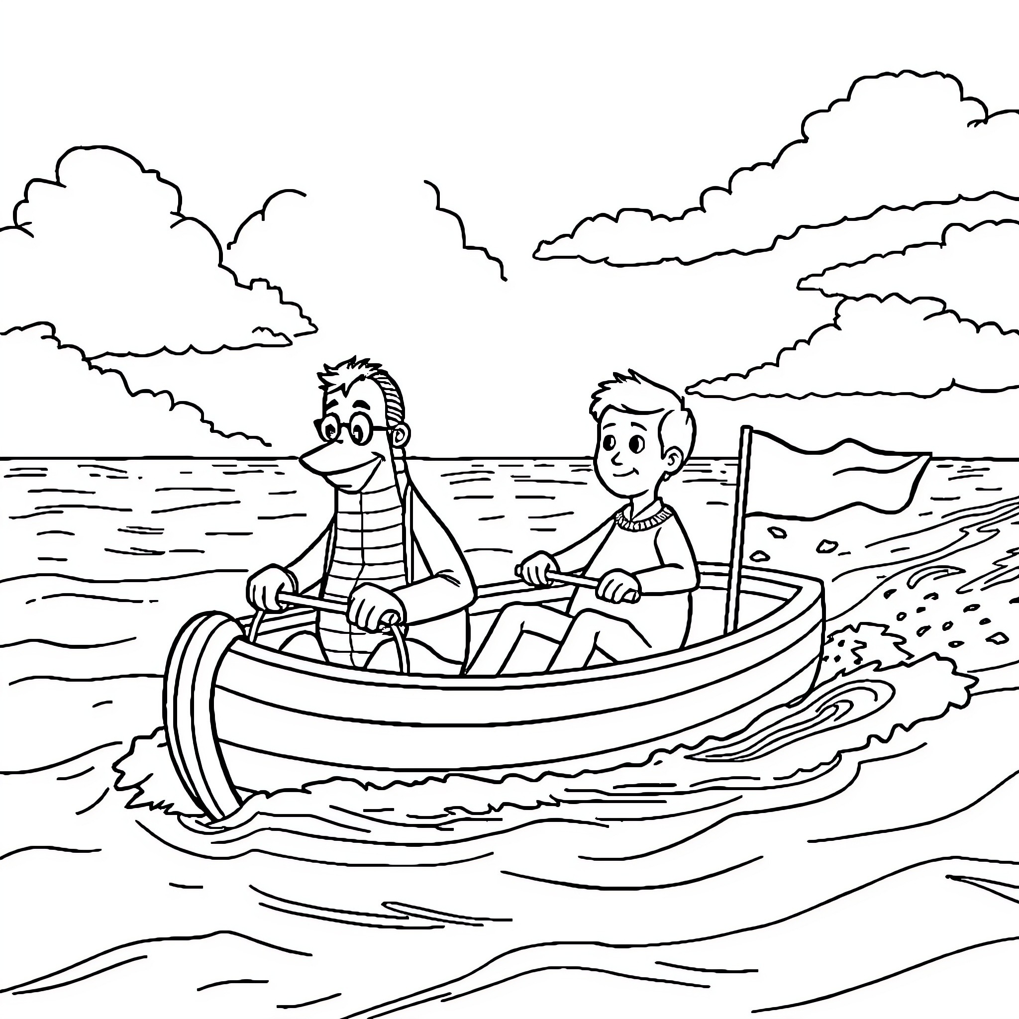 Bob l'éponge and friends boating on the sea Coloring Page (free black-and-white line drawing printable PDF for all, from beginners to advanced learners, including children, teens, adults, and seniors)