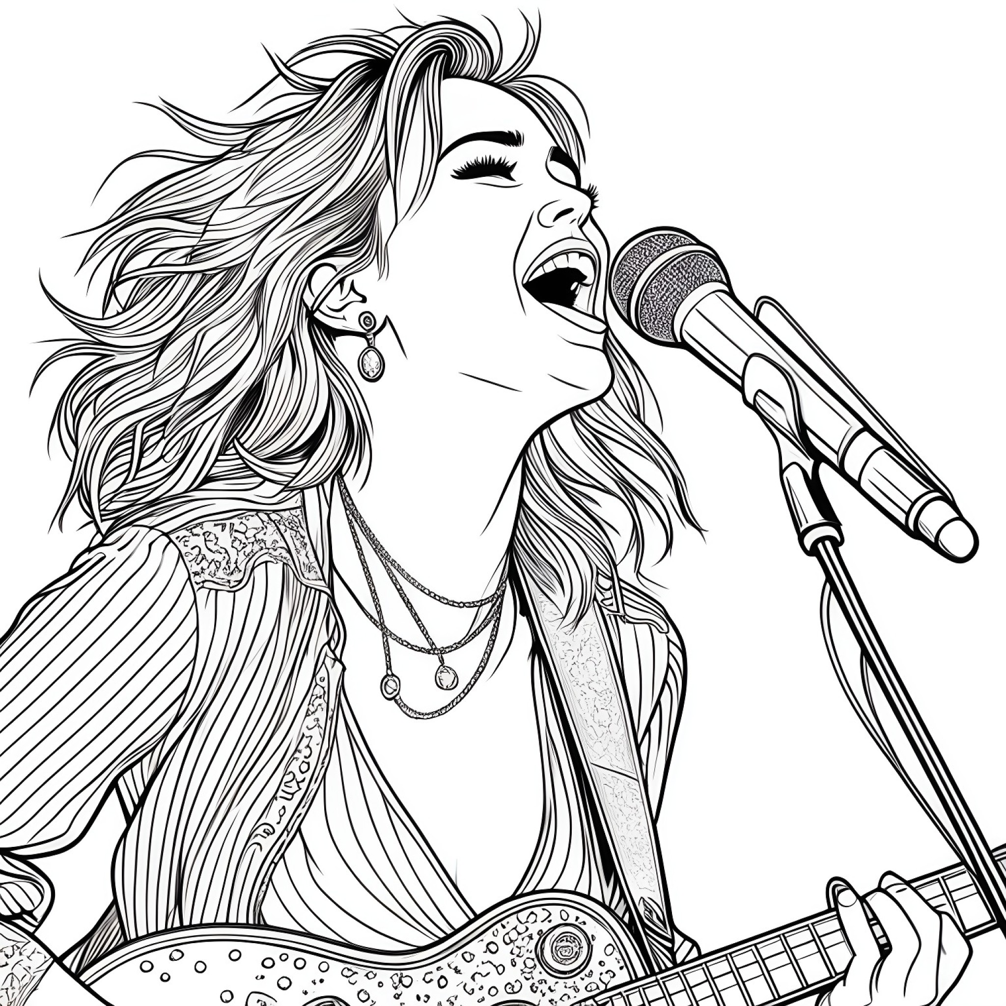 Miley Cyrus singing on stage Coloring Page (free black-and-white line drawing printable PDF for all, from beginners to advanced learners, including children, teens, adults, and seniors)