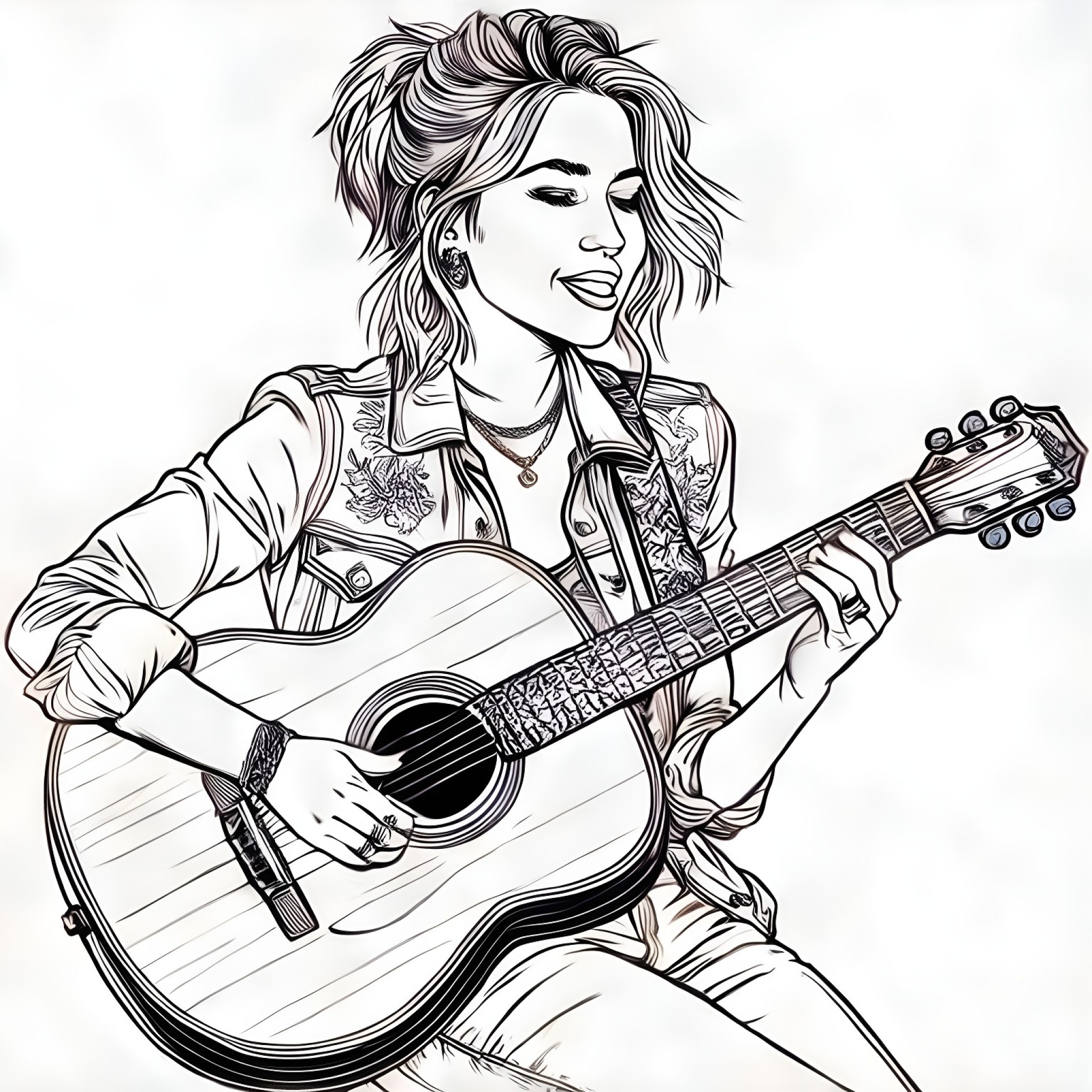 Miley Cyrus playing guitar Coloring Page (free black-and-white line drawing printable PDF for all, from beginners to advanced learners, including children, teens, adults, and seniors)
