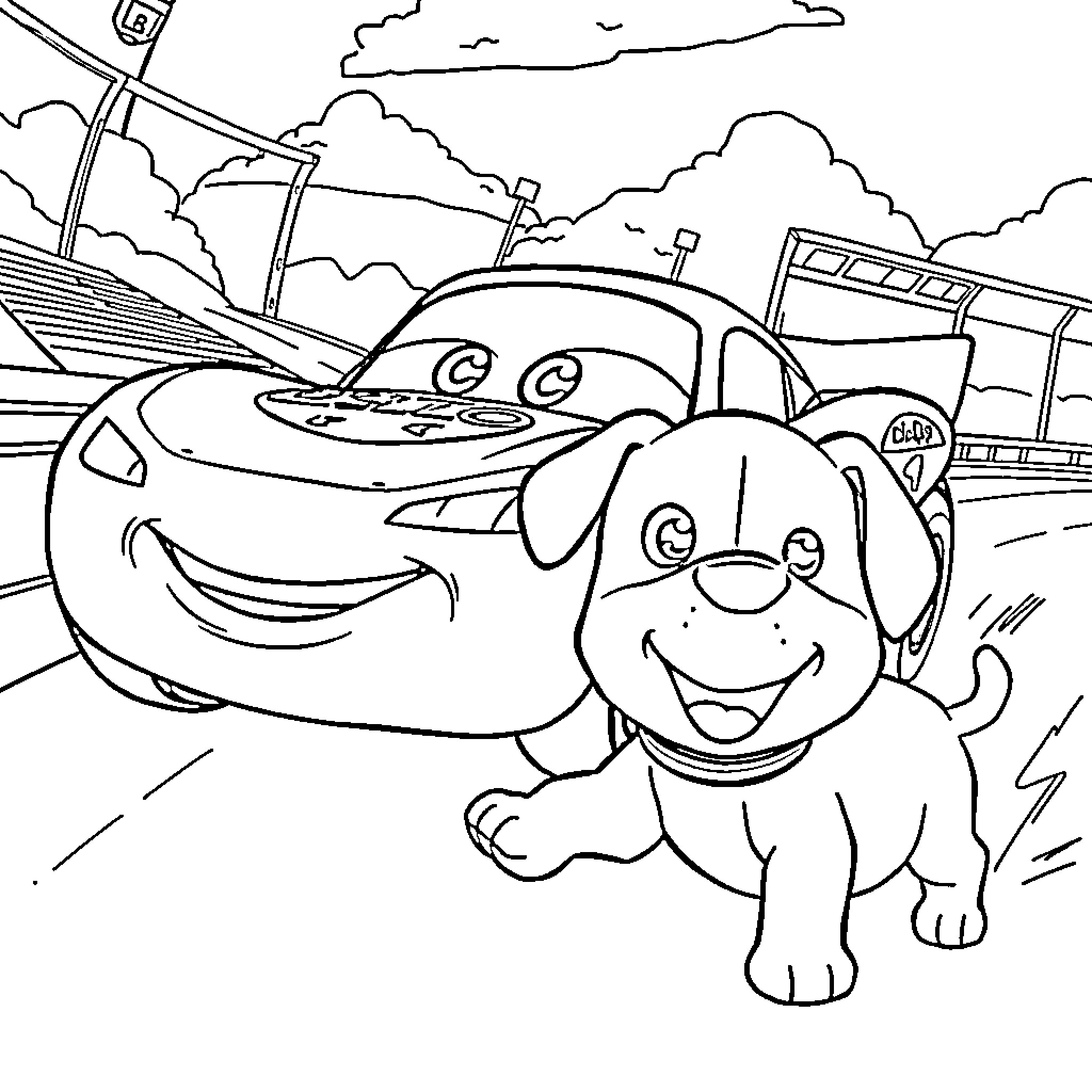 Lightning McQueen and Puppy in Animated Scene Coloring Page (free black-and-white line drawing printable PDF for all, from beginners to advanced learners, including children, teens, adults, and seniors)