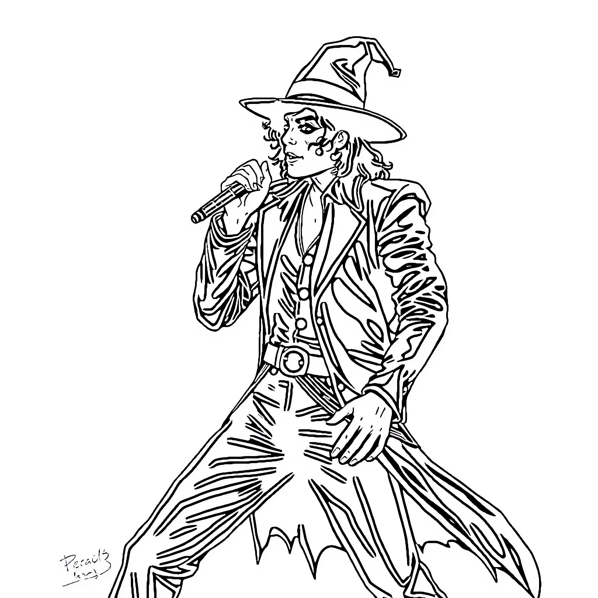 Michael Jackson performing on stage in dramatic attire Coloring Page (free black-and-white line drawing printable PDF for all, from beginners to advanced learners, including children, teens, adults, and seniors)