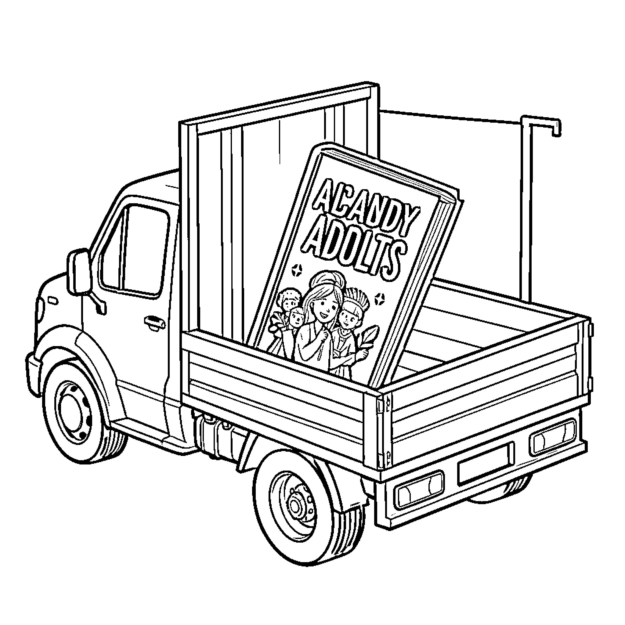 Box Truck transporting a large book of characters Coloring Page (free black-and-white line drawing printable PDF for all, from beginners to advanced learners, including children, teens, adults, and seniors)