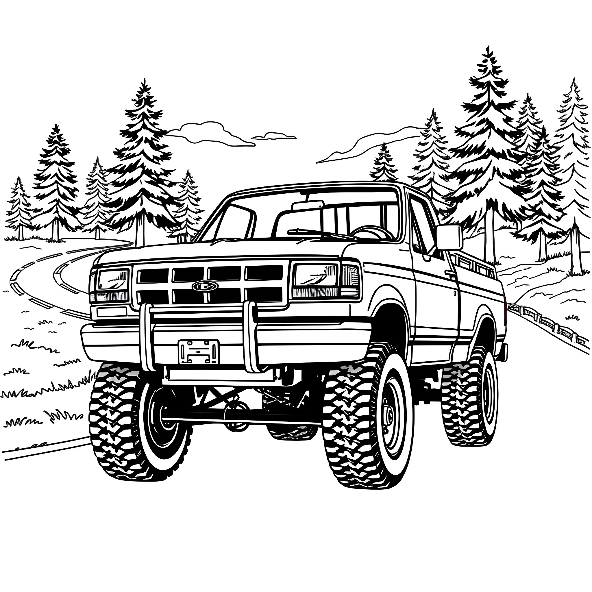 Truck off-roading through snowy forest landscape Coloring Page (free black-and-white line drawing printable PDF for all, from beginners to advanced learners, including children, teens, adults, and seniors)