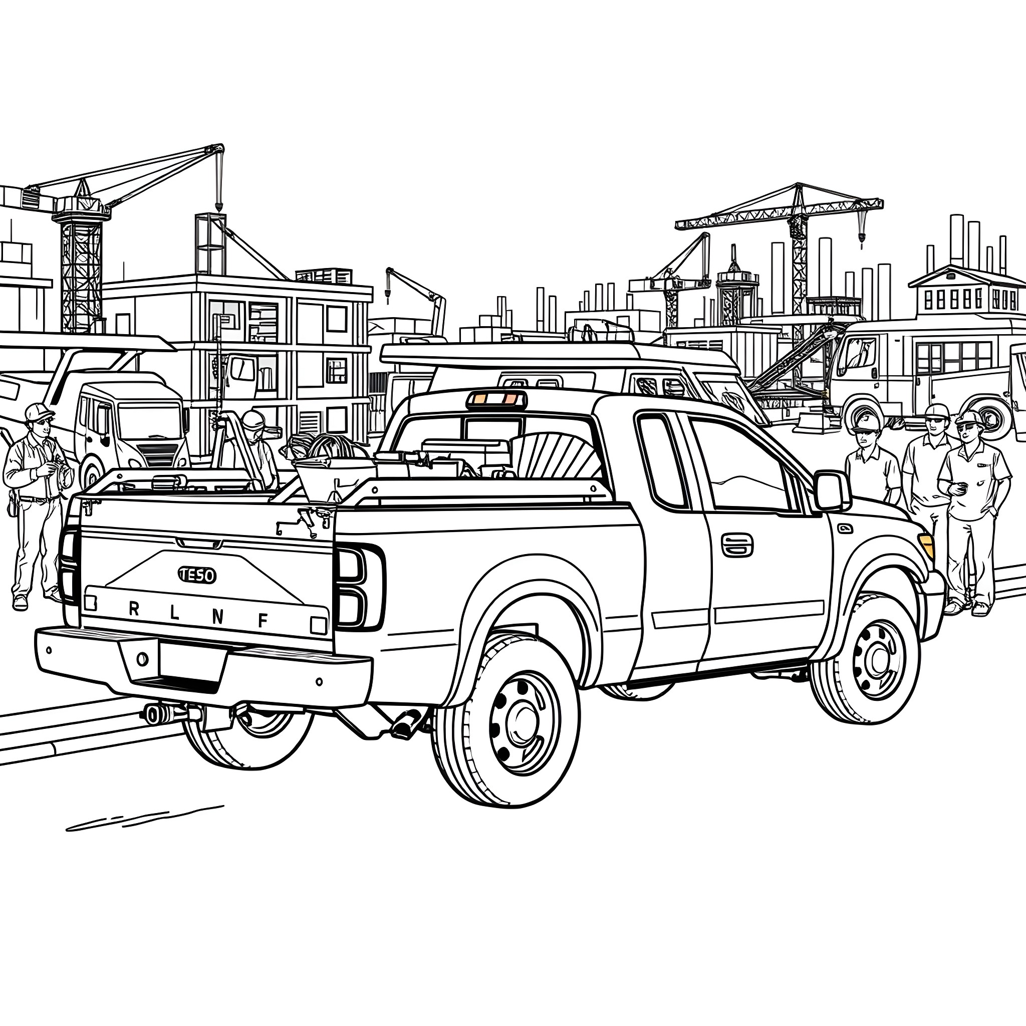 Pickup truck navigating city construction site Coloring Page (free black-and-white line drawing printable PDF for all, from beginners to advanced learners, including children, teens, adults, and seniors)