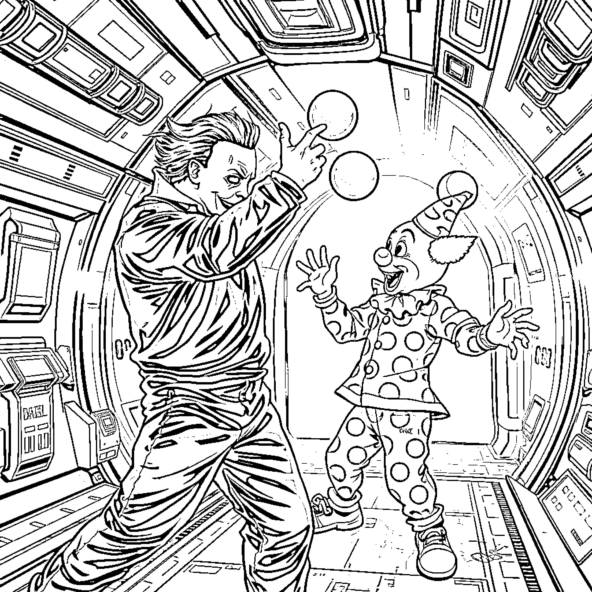 Michael Myers terrorizing a clown in a surreal environment Coloring Page (free black-and-white line drawing printable PDF for all, from beginners to advanced learners, including children, teens, adults, and seniors)