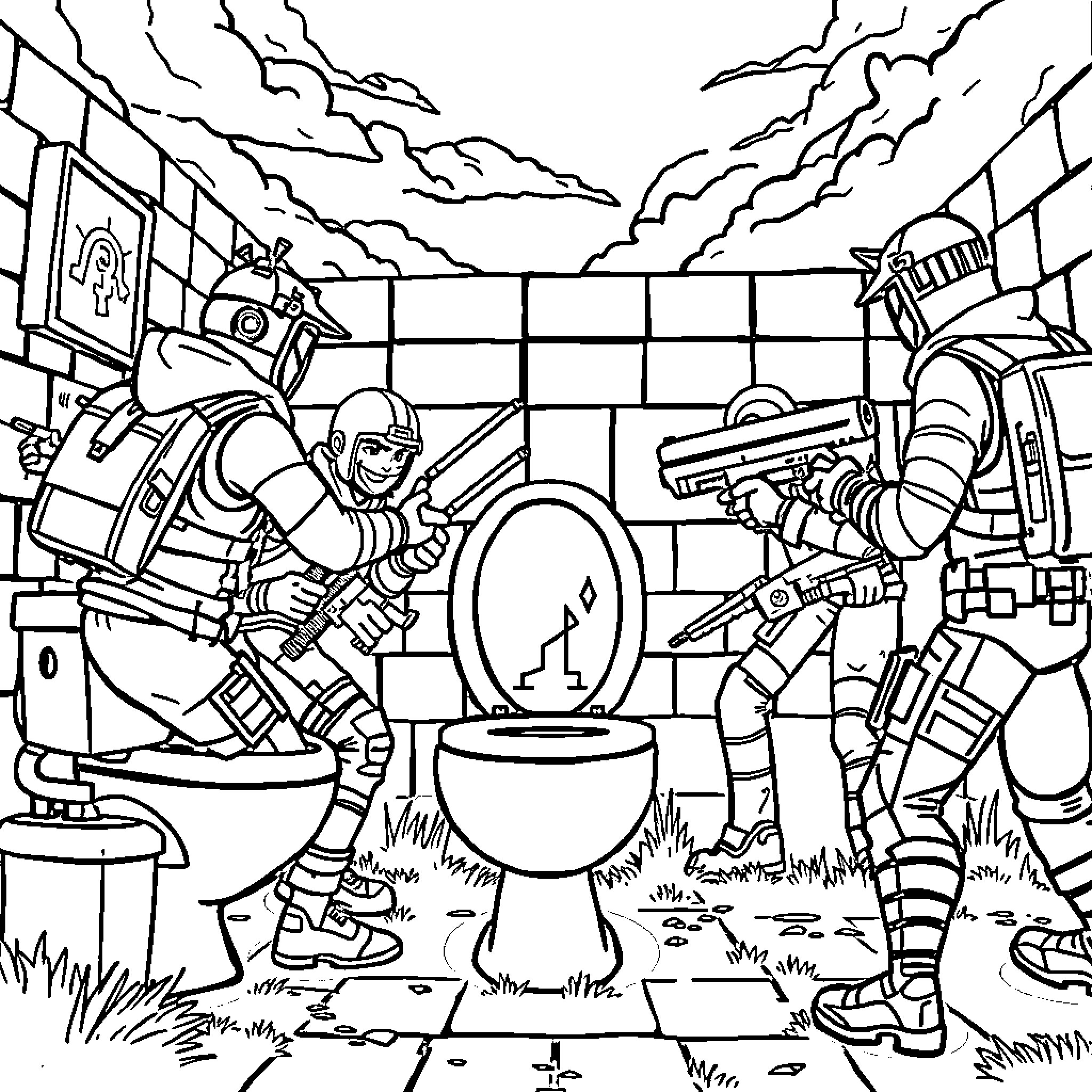 Fortnite Characters in Battle Scene Coloring Page (free black-and-white line drawing printable PDF for all, from beginners to advanced learners, including children, teens, adults, and seniors)