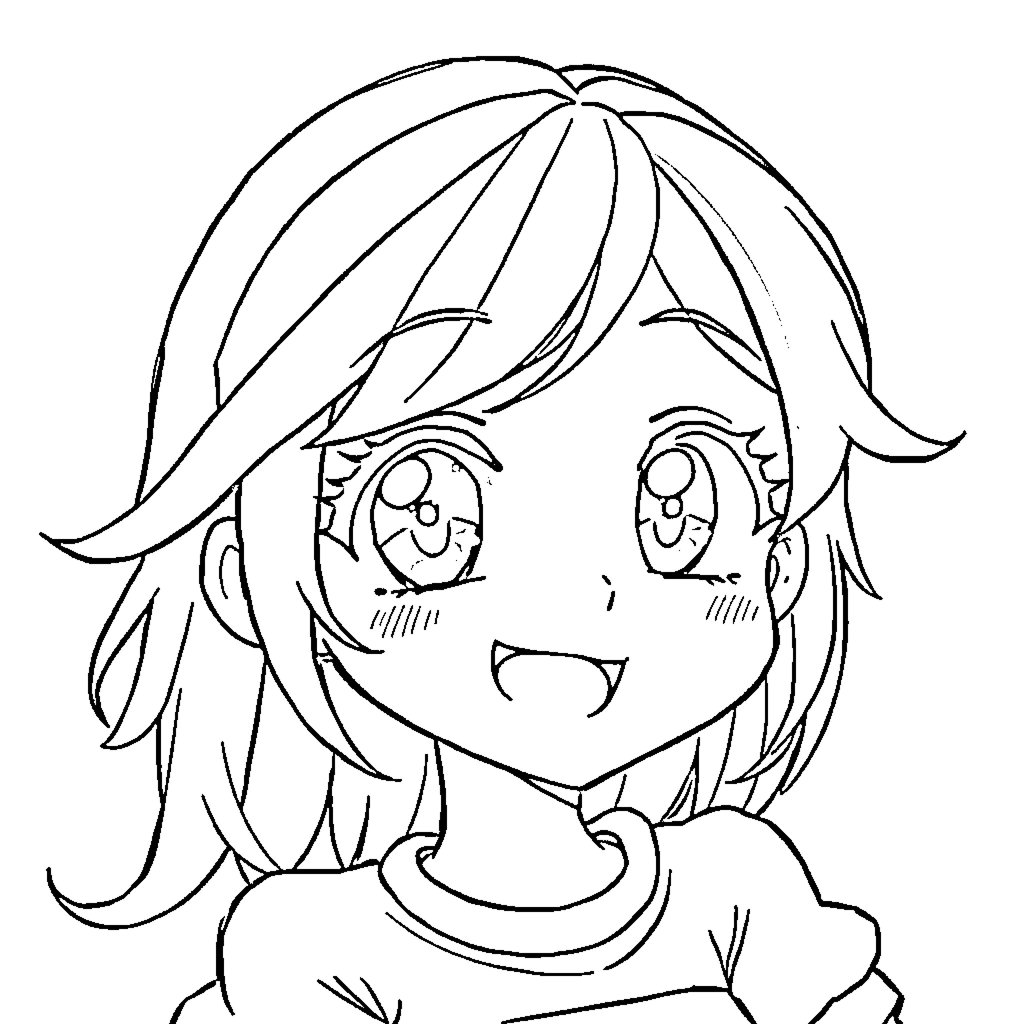 Anime Girl with Cheerful Expression Coloring Page (free black-and-white line drawing printable PDF for all, from beginners to advanced learners, including children, teens, adults, and seniors)