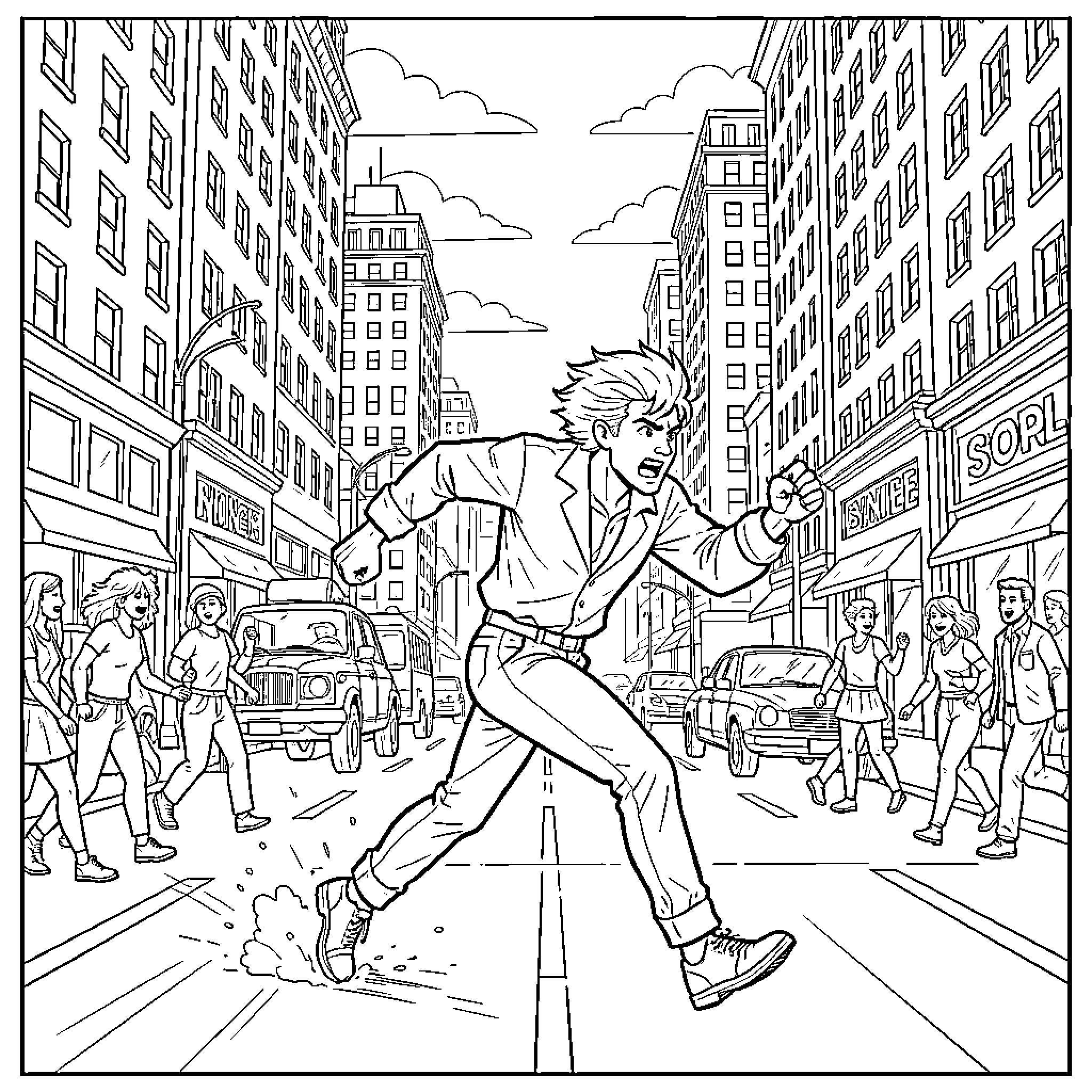 Chase through a busy city street with people running Coloring Page (free black-and-white line drawing printable PDF for all, from beginners to advanced learners, including children, teens, adults, and seniors)