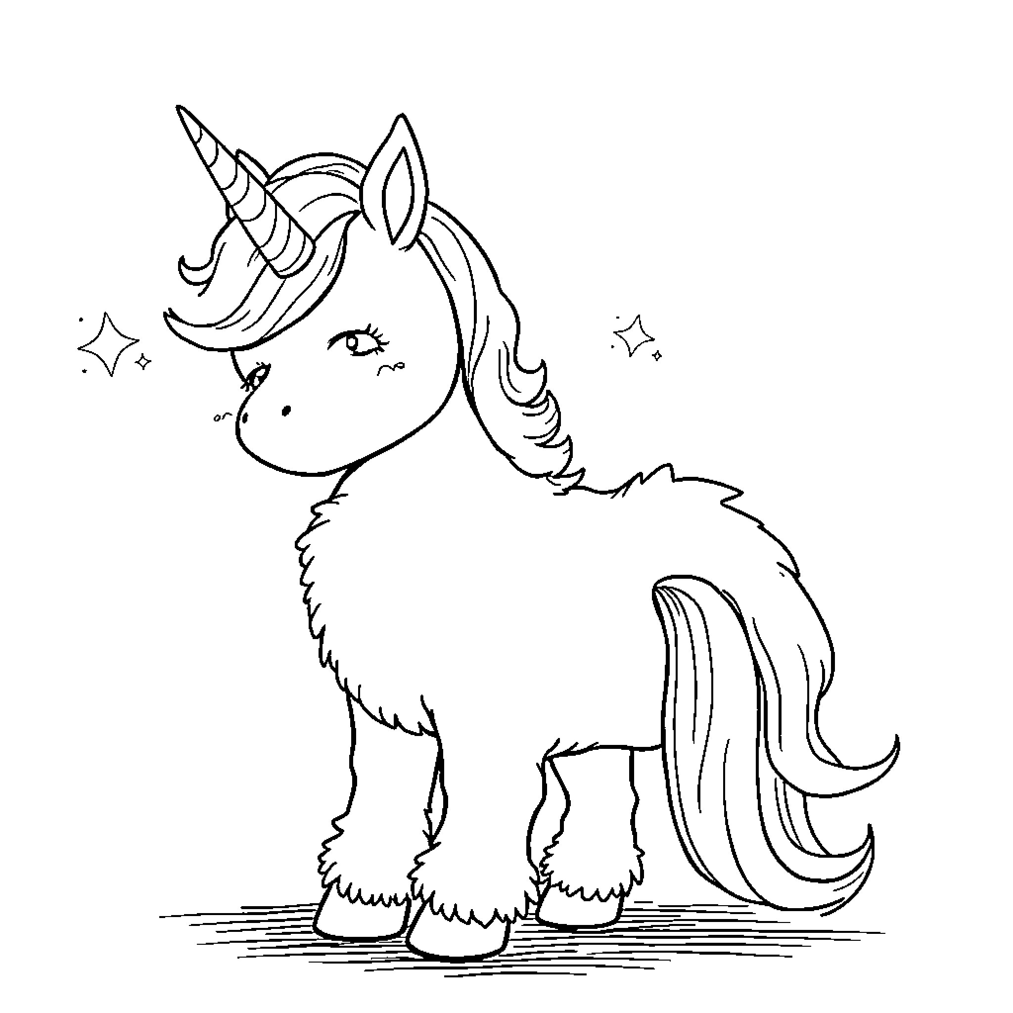 Unicorn in whimsical fairy-like scene Coloring Page (free black-and-white line drawing printable PDF for all, from beginners to advanced learners, including children, teens, adults, and seniors)