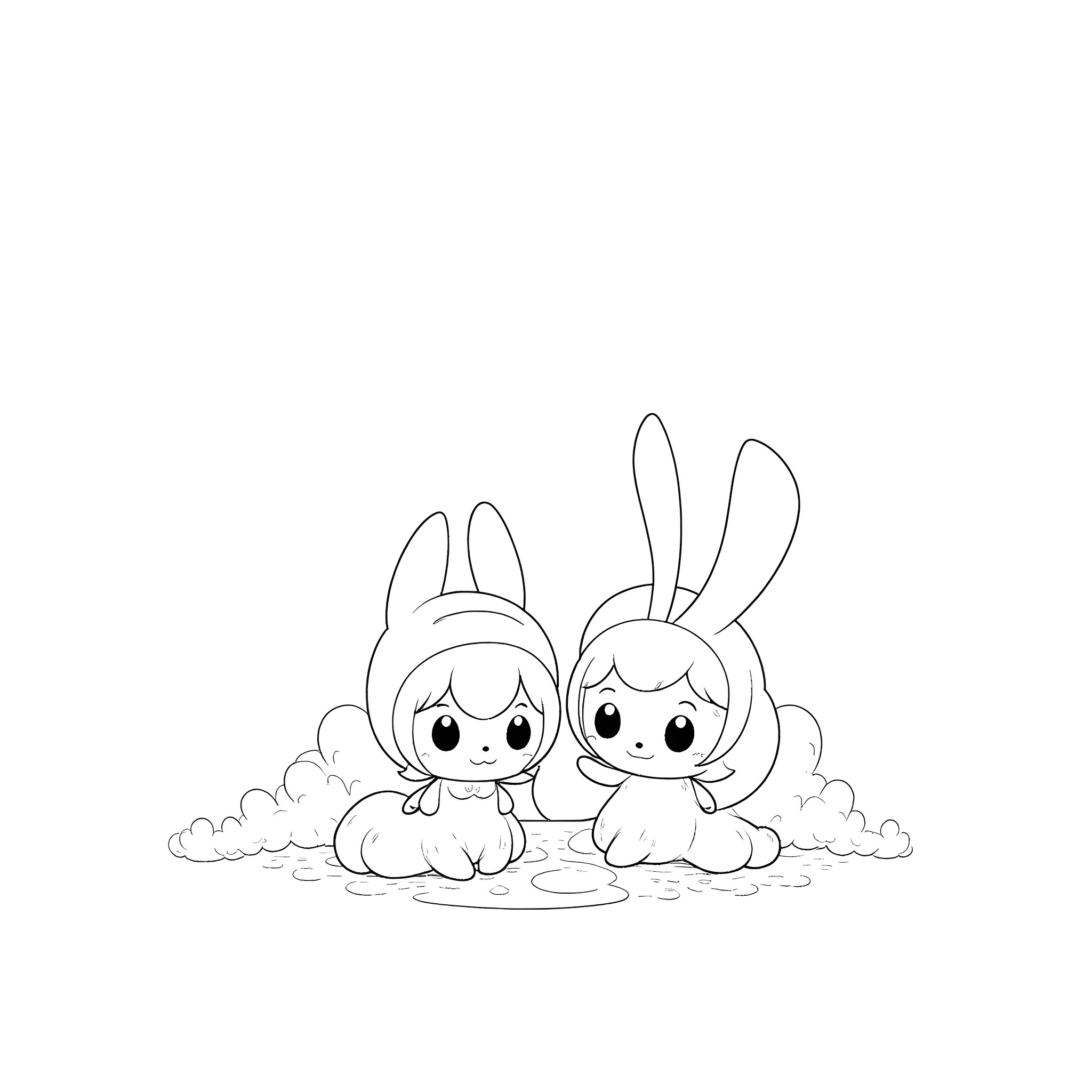 Kuromi and friends playing in the clouds Coloring Page (free black-and-white line drawing printable PDF for all, from beginners to advanced learners, including children, teens, adults, and seniors)