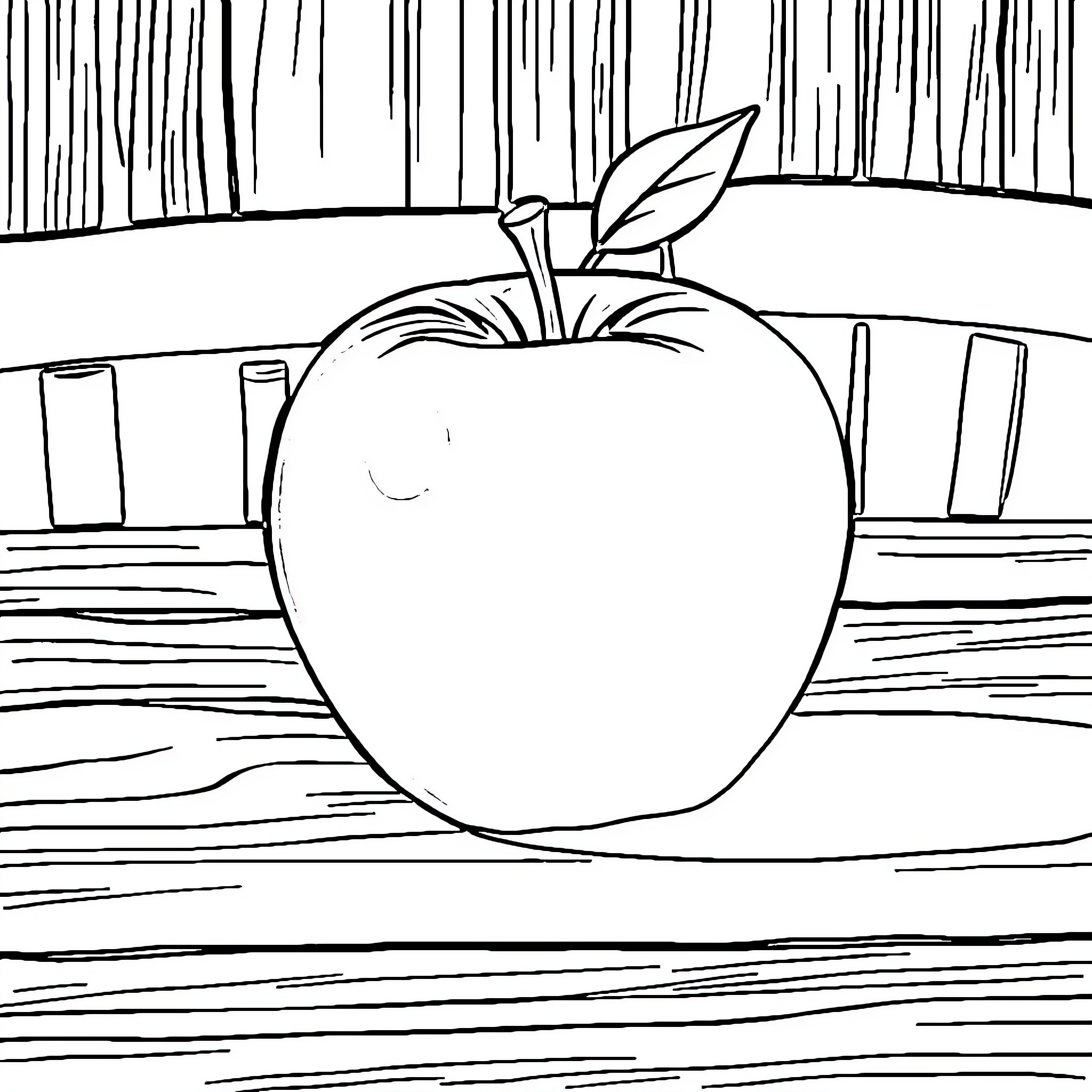 Apple on Wooden Bookshelf Coloring Page (free black-and-white line drawing printable PDF for all, from beginners to advanced learners, including children, teens, adults, and seniors)