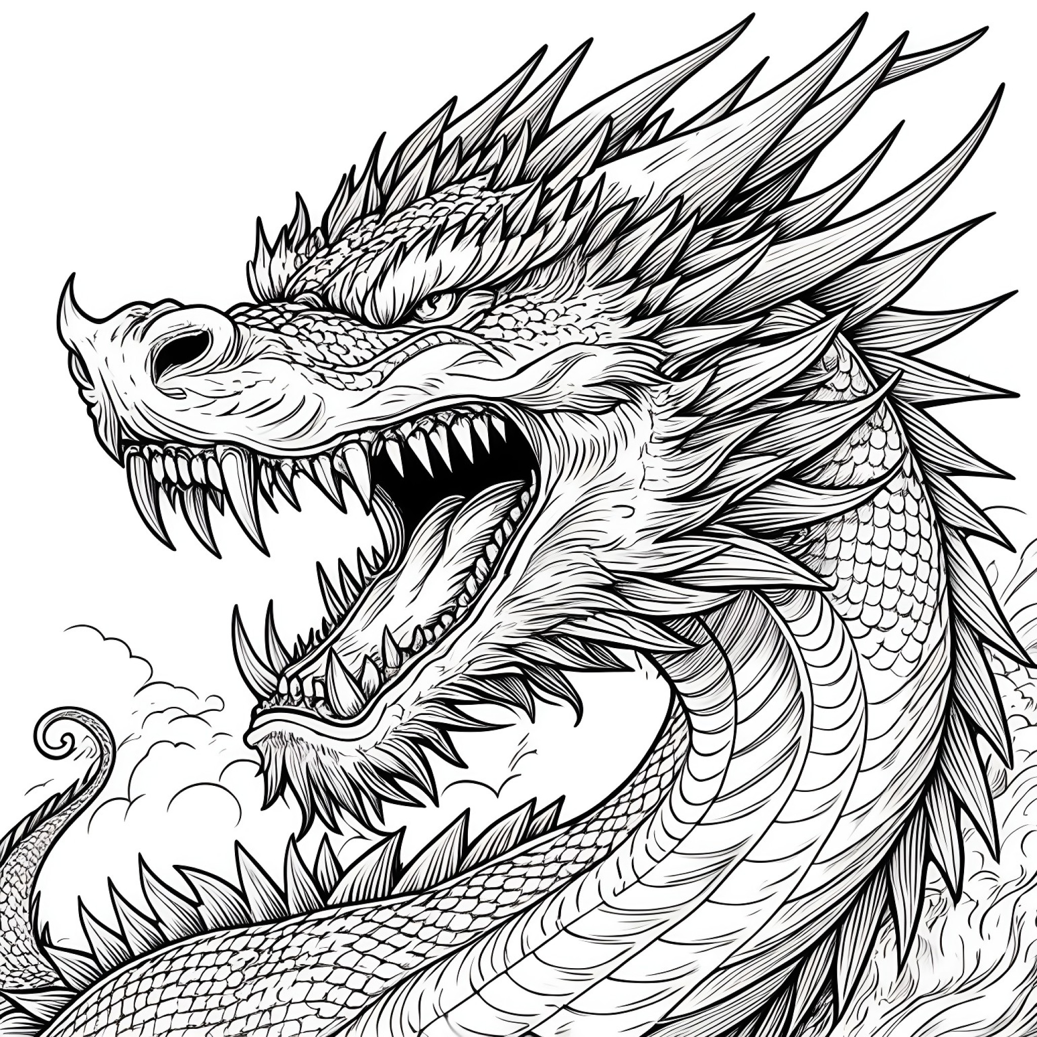 Dragon roaring in anger Coloring Page (free black-and-white line drawing printable PDF for all, from beginners to advanced learners, including children, teens, adults, and seniors)