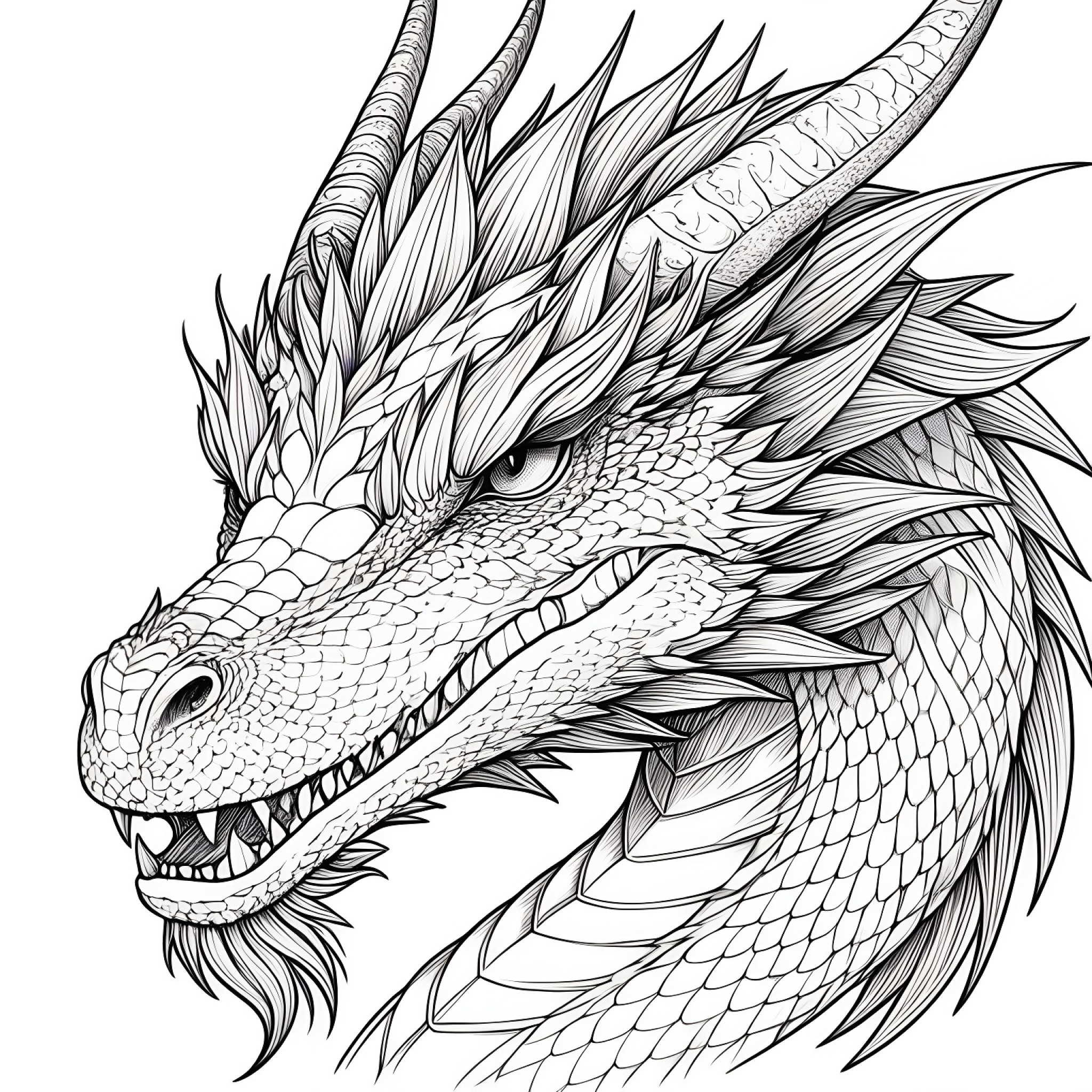 Dragon portrait Coloring Page (free black-and-white line drawing printable PDF for all, from beginners to advanced learners, including children, teens, adults, and seniors)