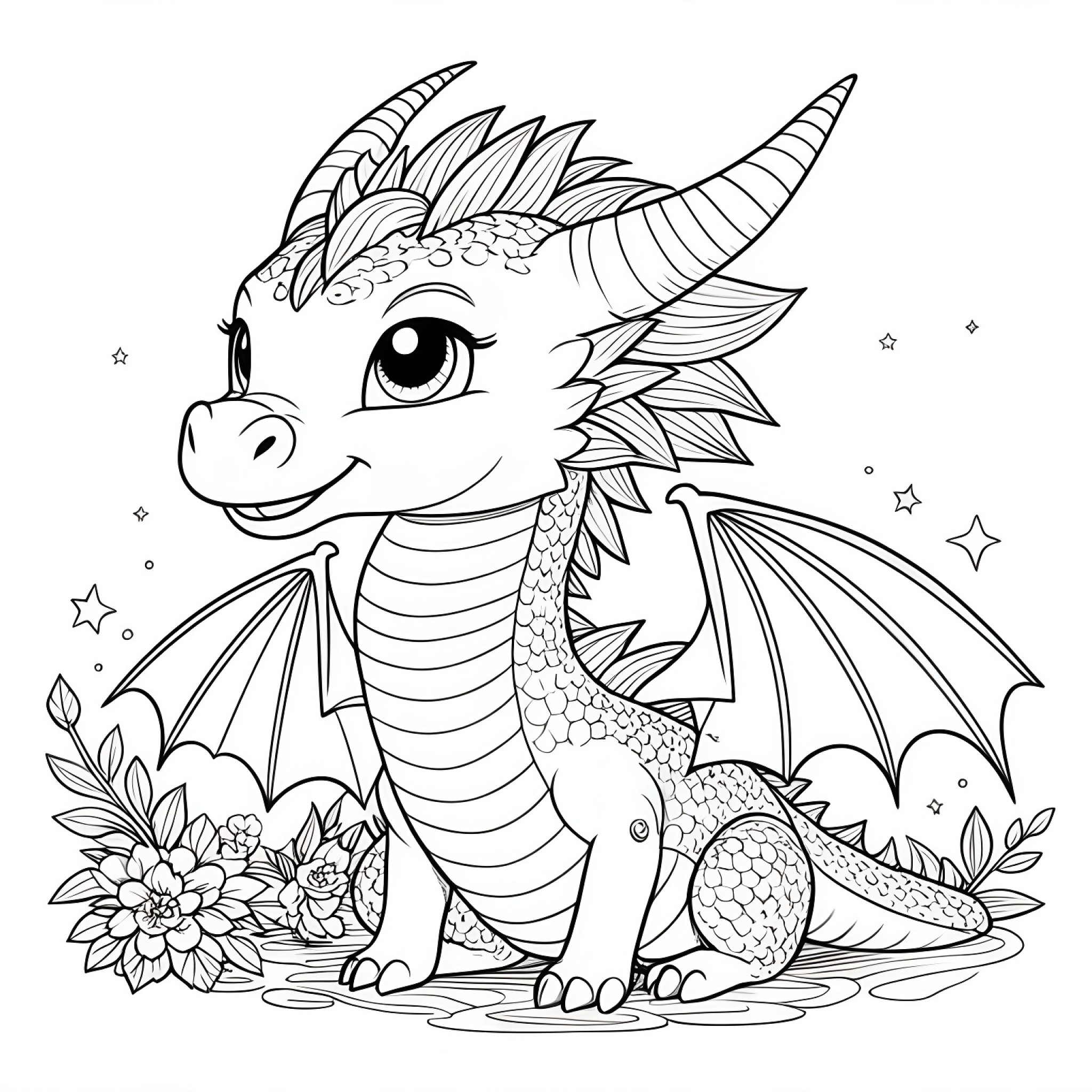 Dragon sitting Coloring Page (free black-and-white line drawing printable PDF for all, from beginners to advanced learners, including children, teens, adults, and seniors)