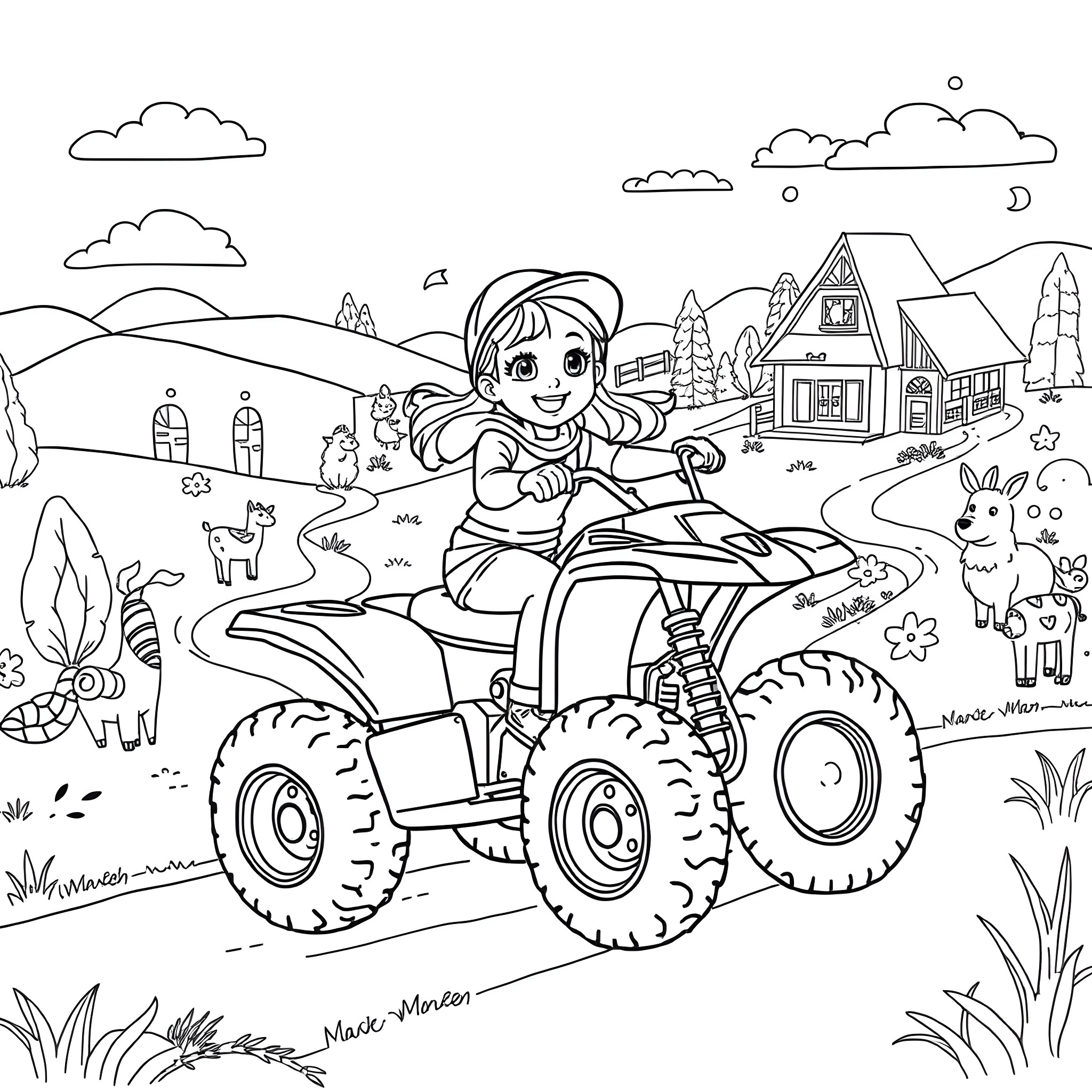Gabby Dollhouse: Girl riding on a tractor in a countryside scene Coloring Page (free black-and-white line drawing printable PDF for all, from beginners to advanced learners, including children, teens, adults, and seniors)