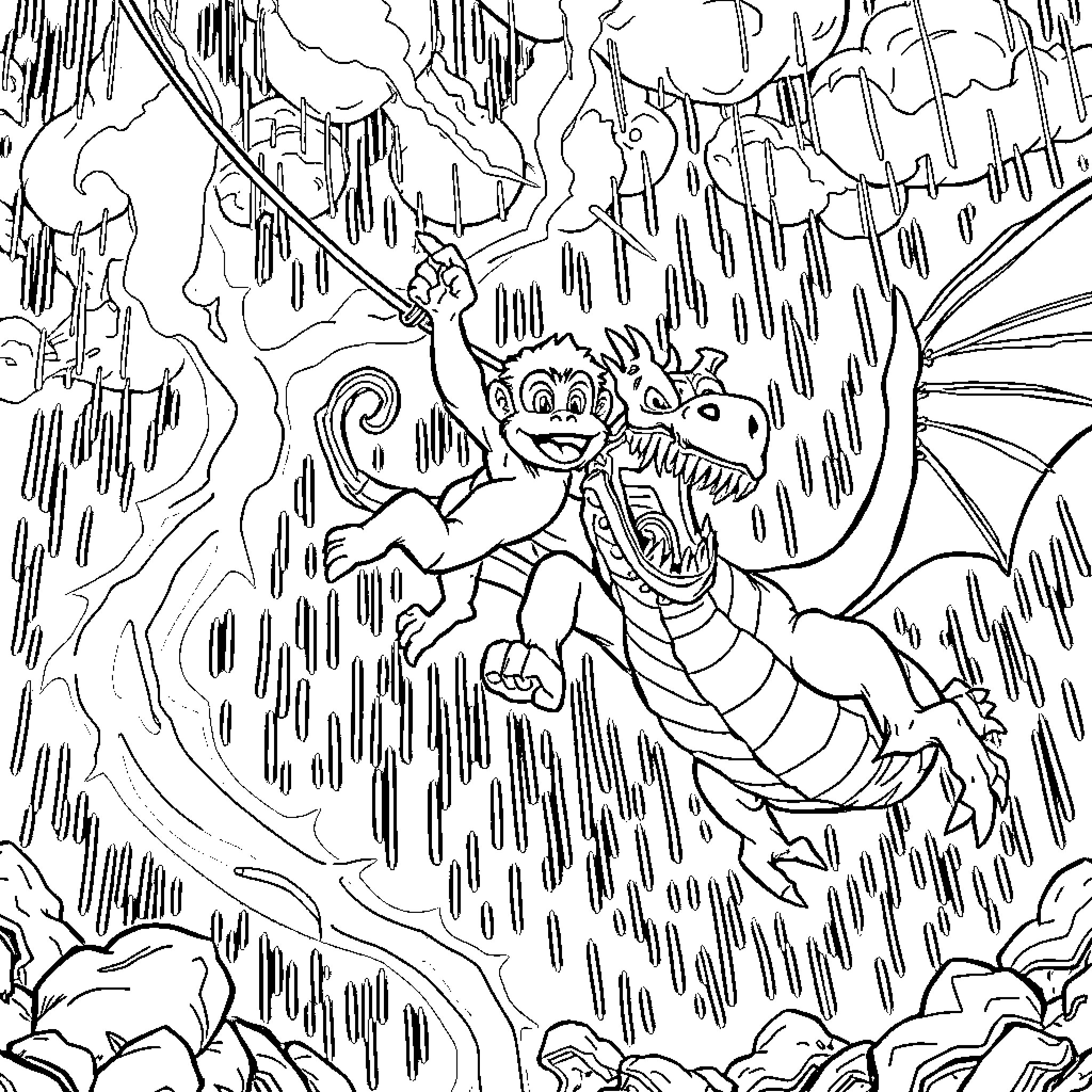 Monkey riding on the back of an alligator in the rain Coloring Page (free black-and-white line drawing printable PDF for all, from beginners to advanced learners, including children, teens, adults, and seniors)