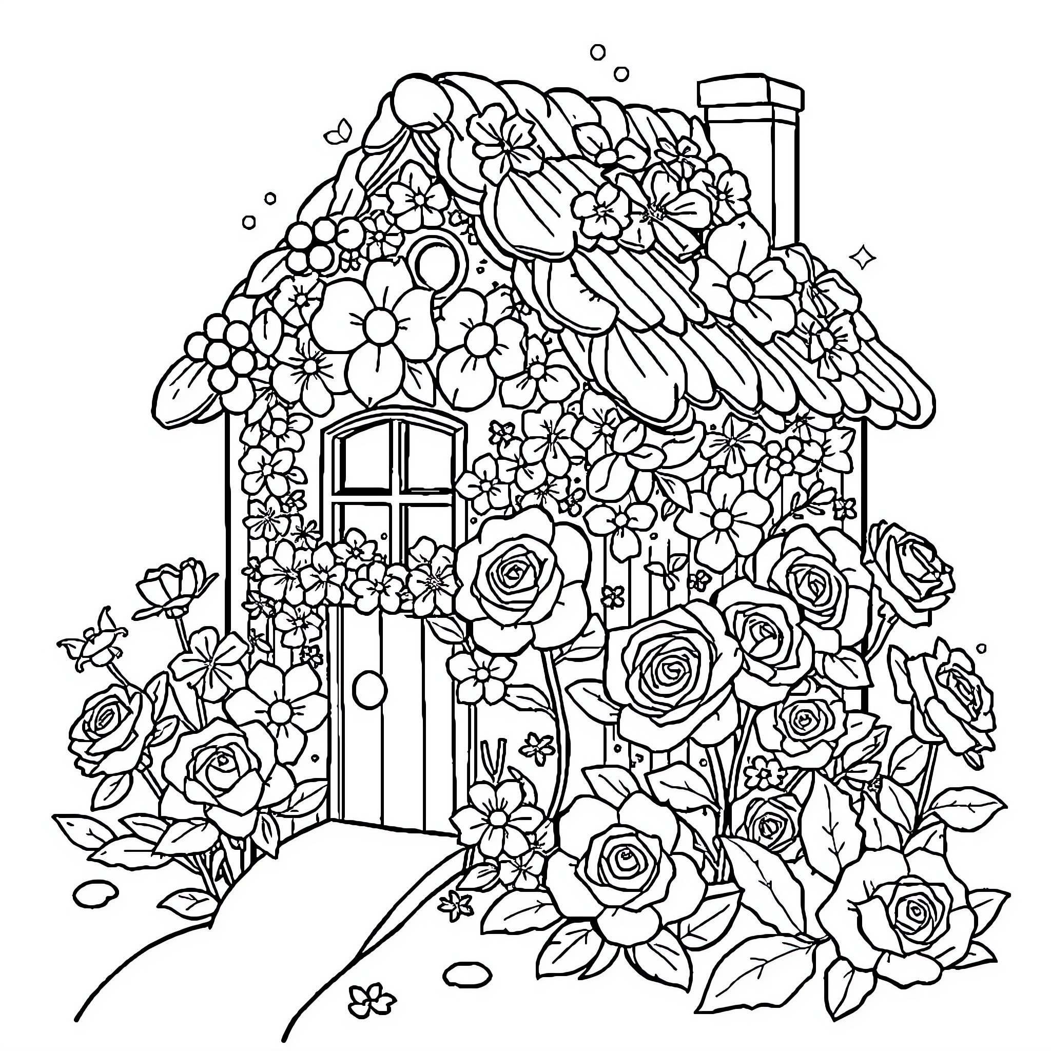 House surrounded by whimsical floral arrangement Coloring Page (free black-and-white line drawing printable PDF for all, from beginners to advanced learners, including children, teens, adults, and seniors)