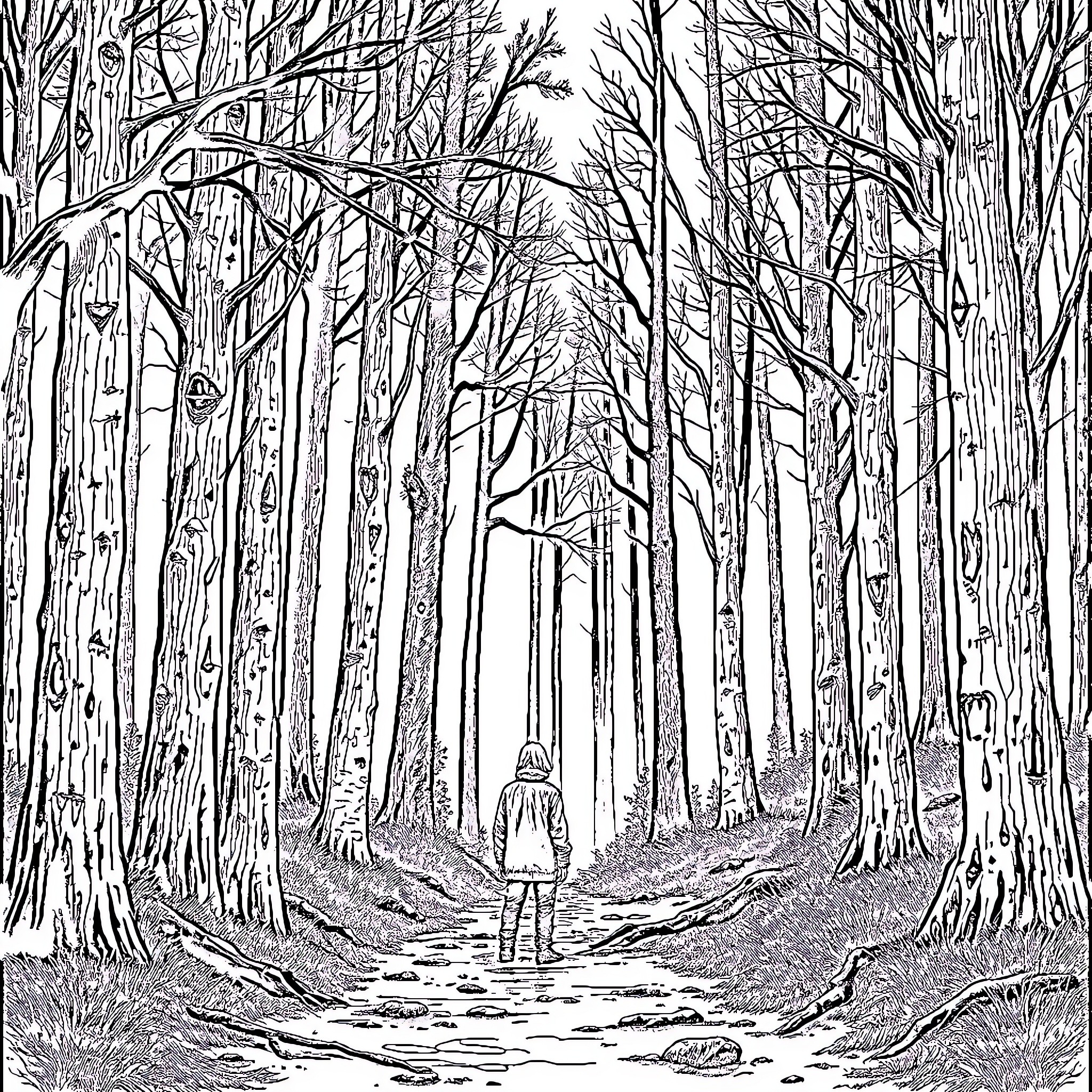 Trag's Solitary Journey Through the Enchanted Forest Coloring Page (free black-and-white line drawing printable PDF for all, from beginners to advanced learners, including children, teens, adults, and seniors)