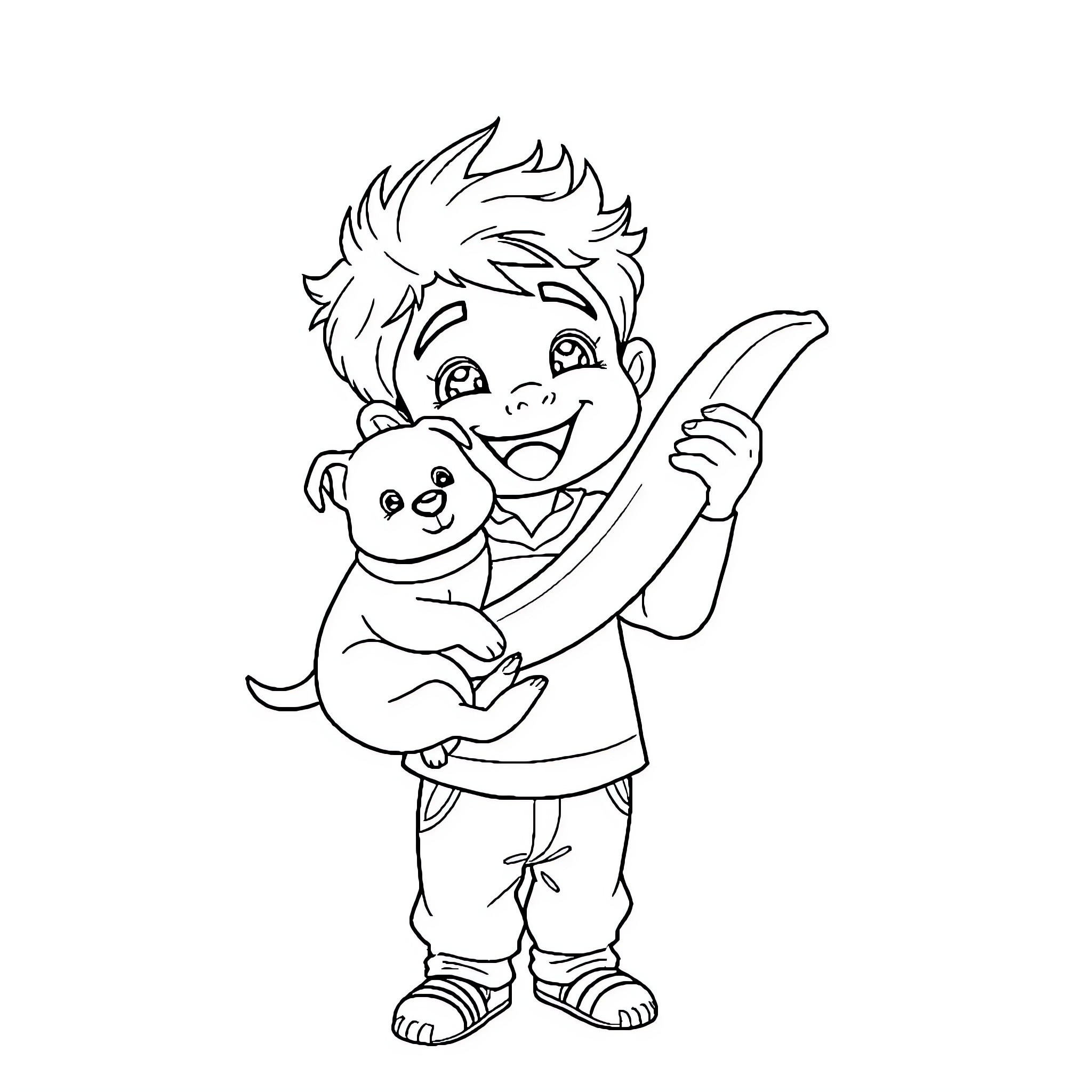 Boy hugging a stuffed animal happily Coloring Page (free black-and-white line drawing printable PDF for all, from beginners to advanced learners, including children, teens, adults, and seniors)